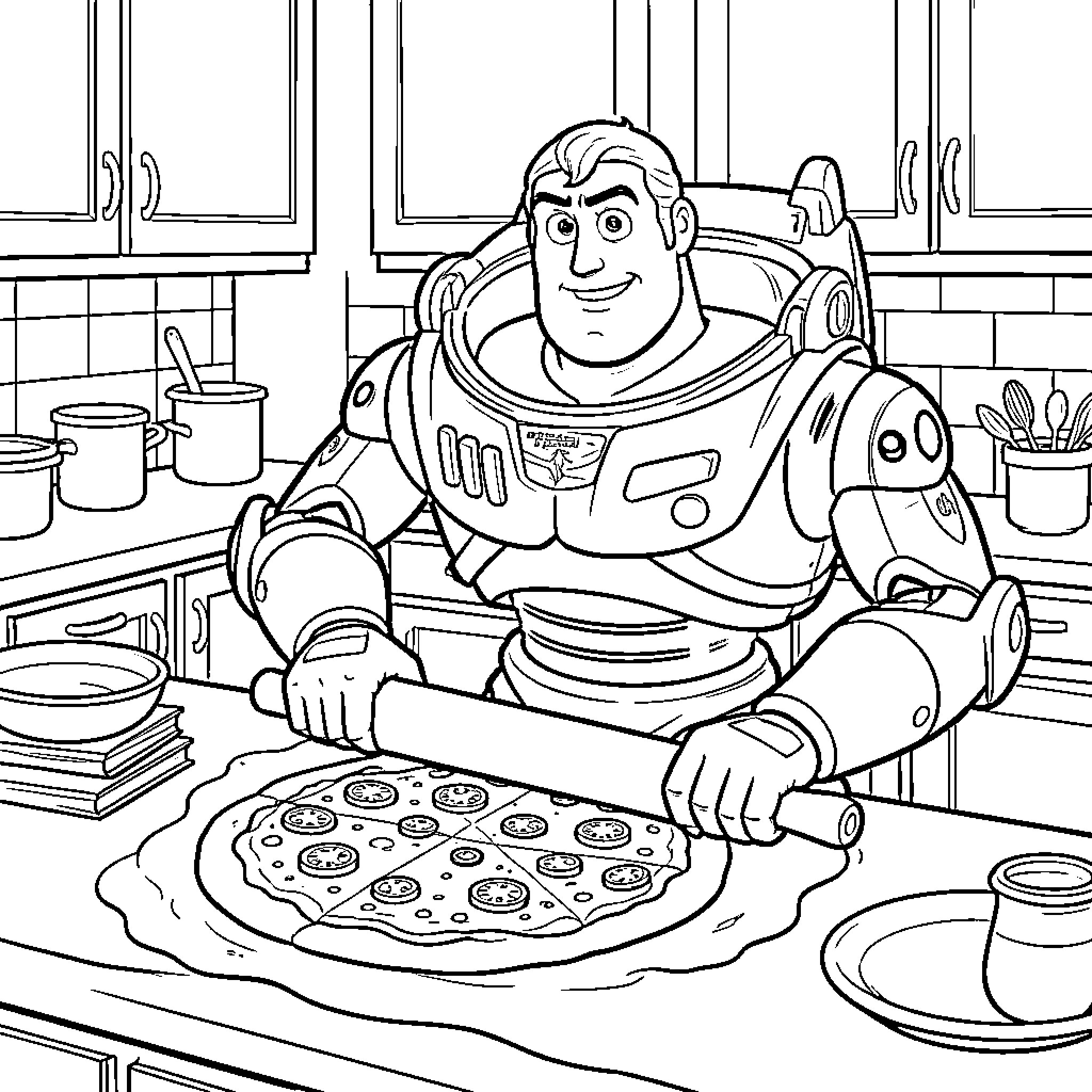 Buzz Lightyear happily rolling out pizza dough in a kitchen Coloring Page (free black-and-white line drawing printable PDF for all, from beginners to advanced learners, including children, teens, adults, and seniors)