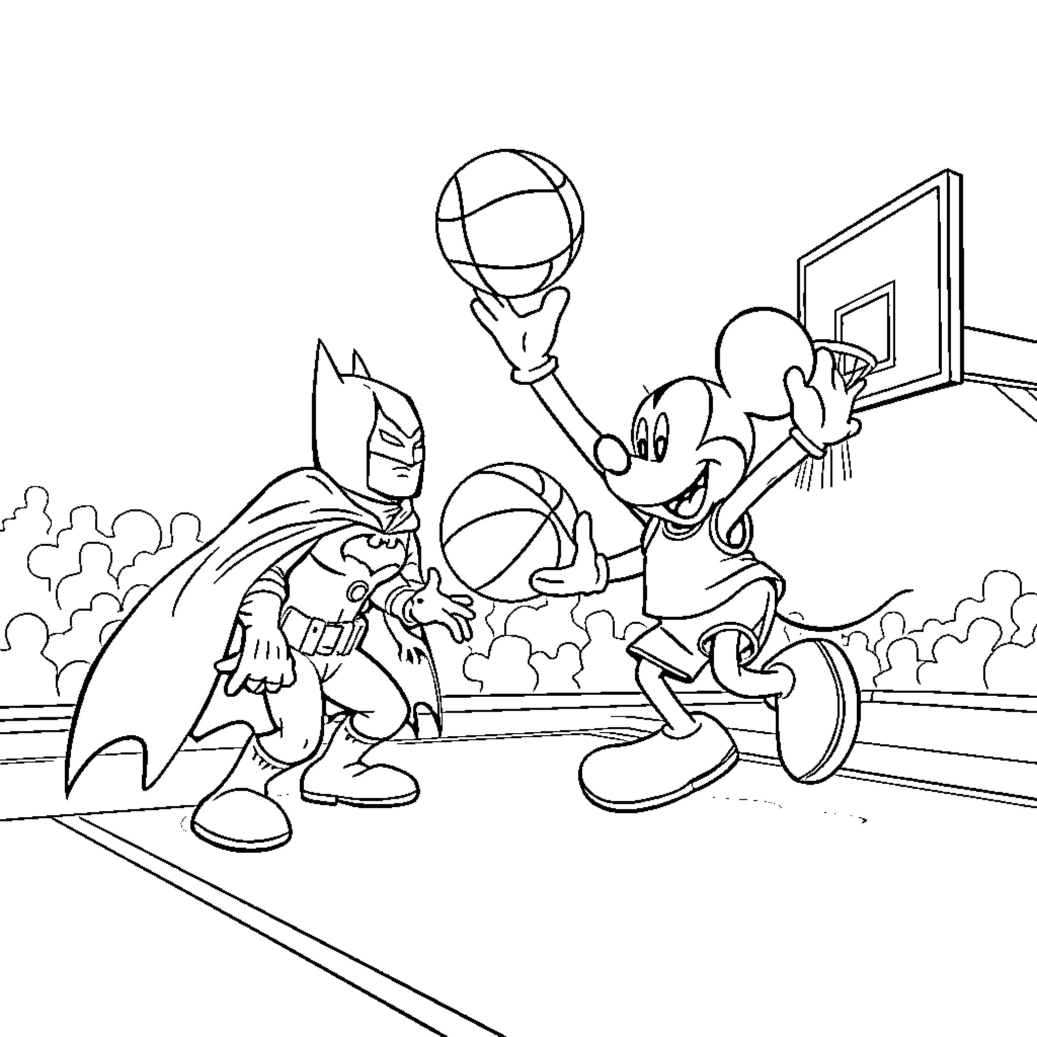 Mickey Mouse playing basketball with Batman Coloring Page (free black-and-white line drawing printable PDF for all, from beginners to advanced learners, including children, teens, adults, and seniors)
