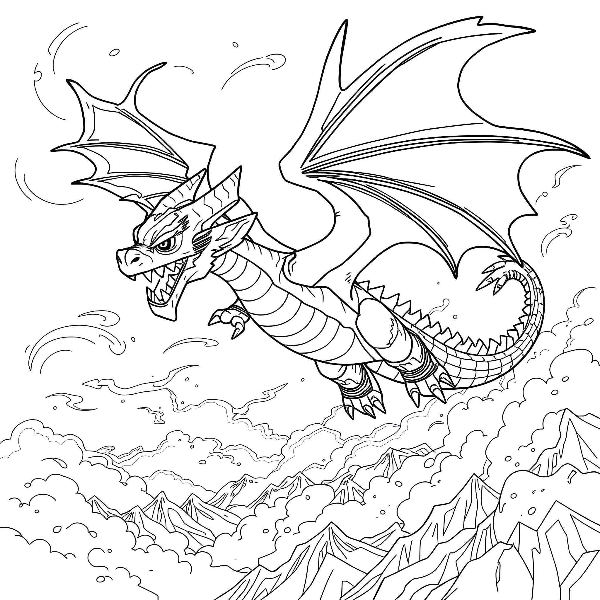 Dragon Soaring Above Majestic Mountains Coloring Page (free black-and-white line drawing printable PDF for all, from beginners to advanced learners, including children, teens, adults, and seniors)