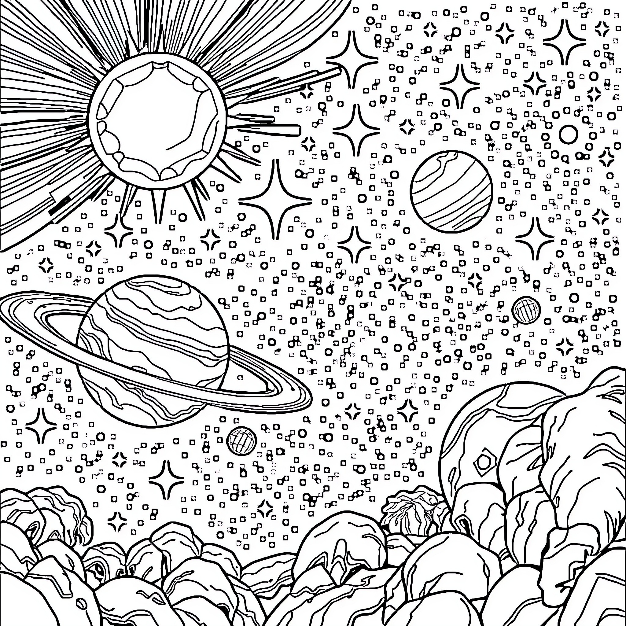 Astral Celestial Bodies in the Cosmic Expanse Coloring Page (free black-and-white line drawing printable PDF for all, from beginners to advanced learners, including children, teens, adults, and seniors)