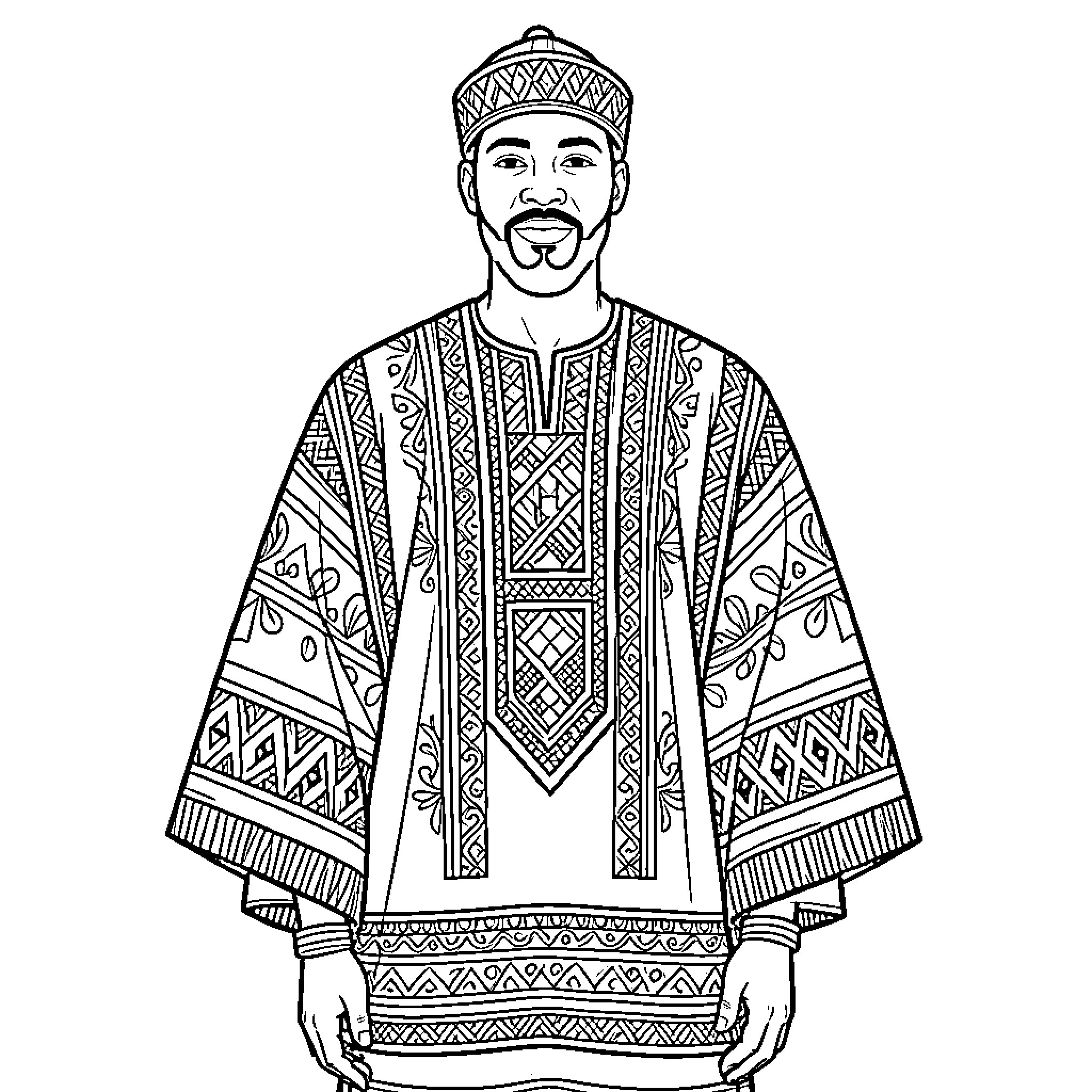 African Man in Traditional Ornate Attire Coloring Page (free black-and-white line drawing printable PDF for all, from beginners to advanced learners, including children, teens, adults, and seniors)