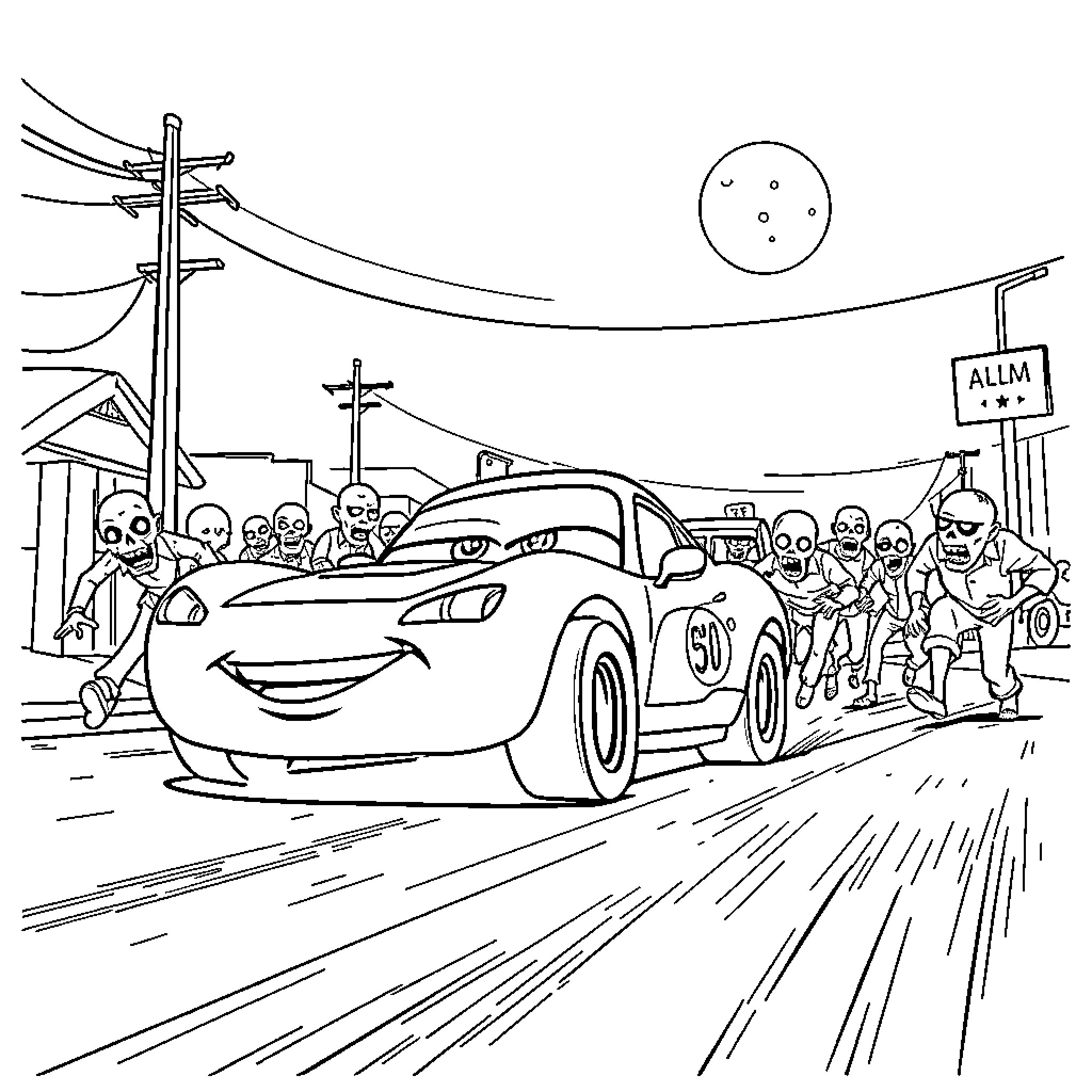 Frank's Animated Car Race with Crowd Coloring Page (free black-and-white line drawing printable PDF for all, from beginners to advanced learners, including children, teens, adults, and seniors)