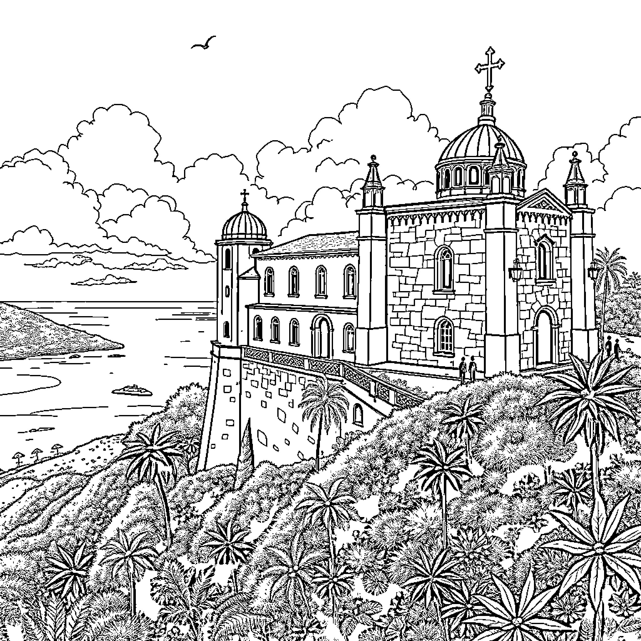 Monica's Scenic Mediterranean Church and Landscape Coloring Page (free black-and-white line drawing printable PDF for all, from beginners to advanced learners, including children, teens, adults, and seniors)