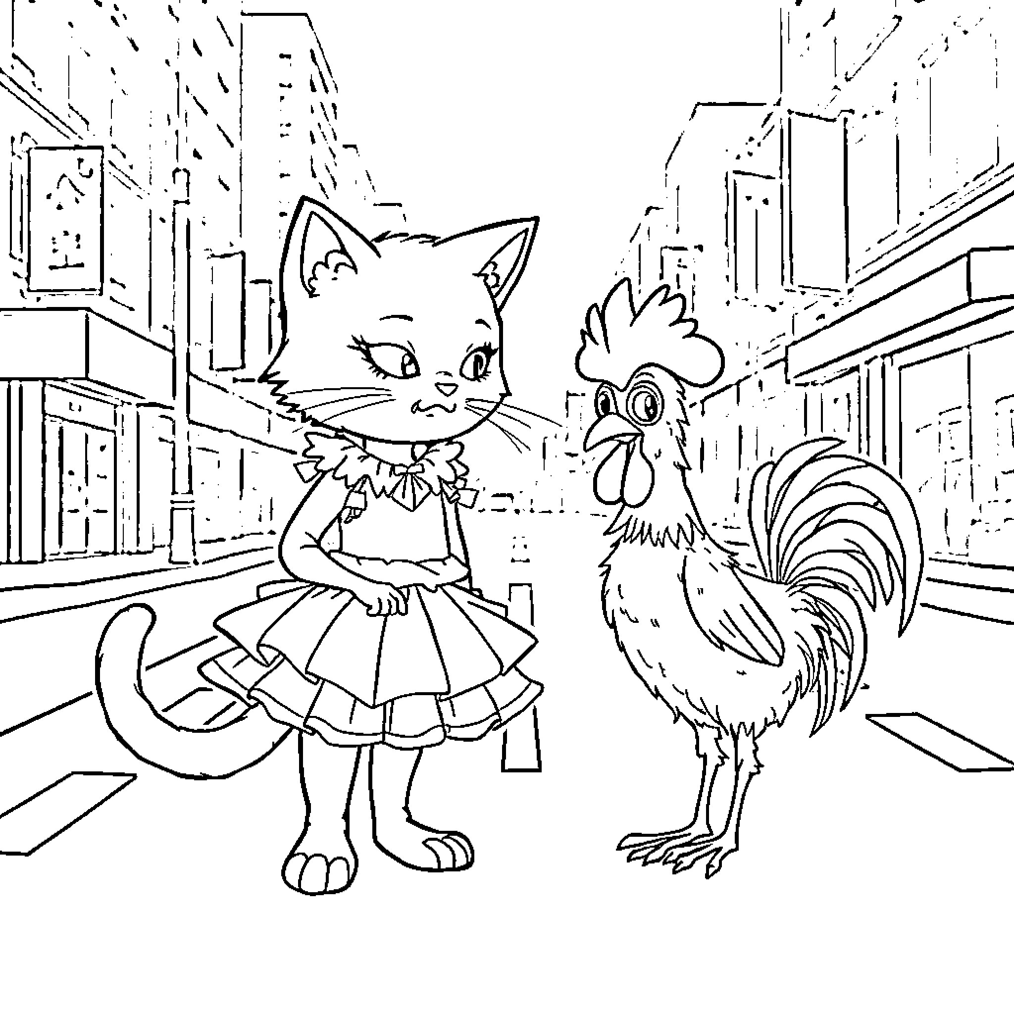 Cat and Rooster in the City Coloring Page (free black-and-white line drawing printable PDF for all, from beginners to advanced learners, including children, teens, adults, and seniors)