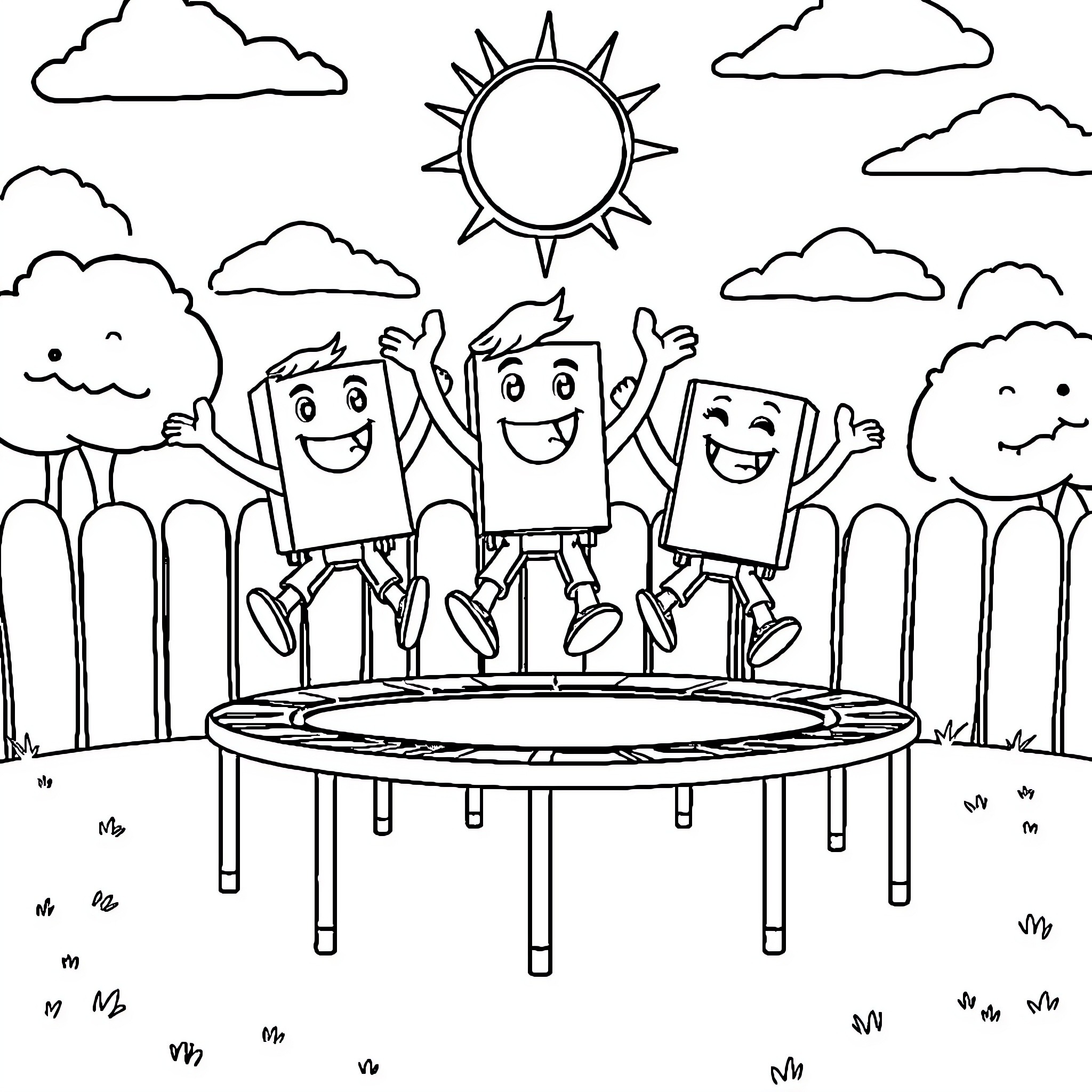 Numberblocks friends playing joyfully on a trampoline Coloring Page (free black-and-white line drawing printable PDF for all, from beginners to advanced learners, including children, teens, adults, and seniors)