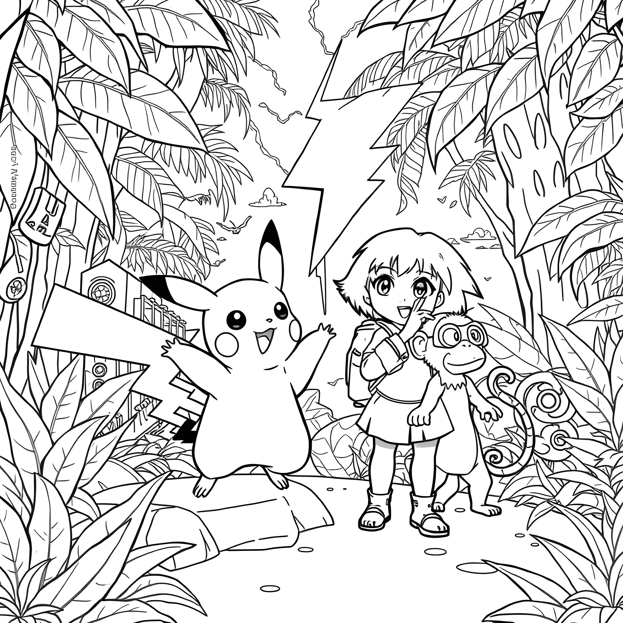 Pikachu and the young adventurer in the forest Coloring Page (free black-and-white line drawing printable PDF for all, from beginners to advanced learners, including children, teens, adults, and seniors)