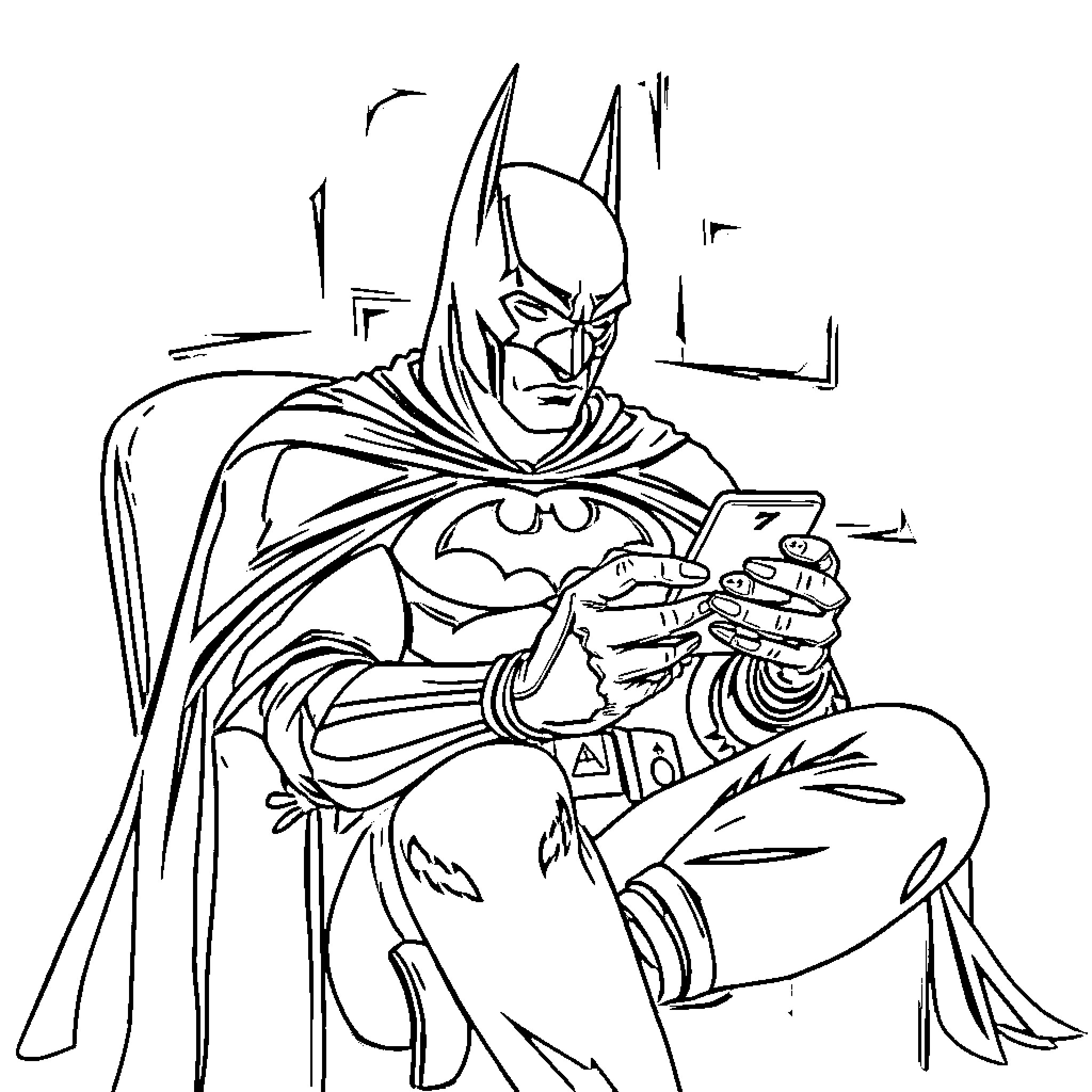 Batman Examining a Mysterious Object Coloring Page (free black-and-white line drawing printable PDF for all, from beginners to advanced learners, including children, teens, adults, and seniors)
