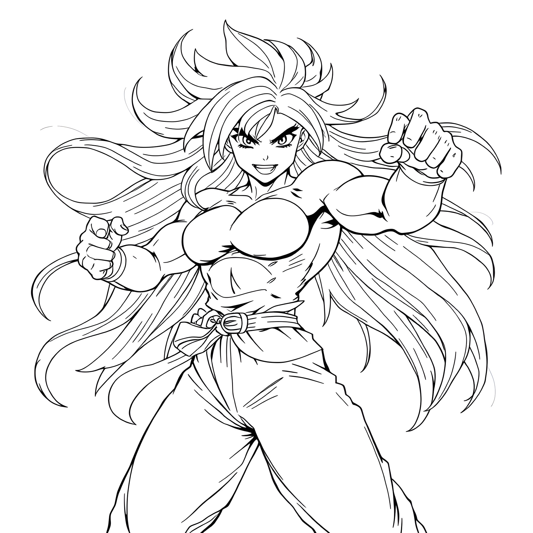 Anime Girl Unleashing Her Powerful Stance Coloring Page (free black-and-white line drawing printable PDF for all, from beginners to advanced learners, including children, teens, adults, and seniors)