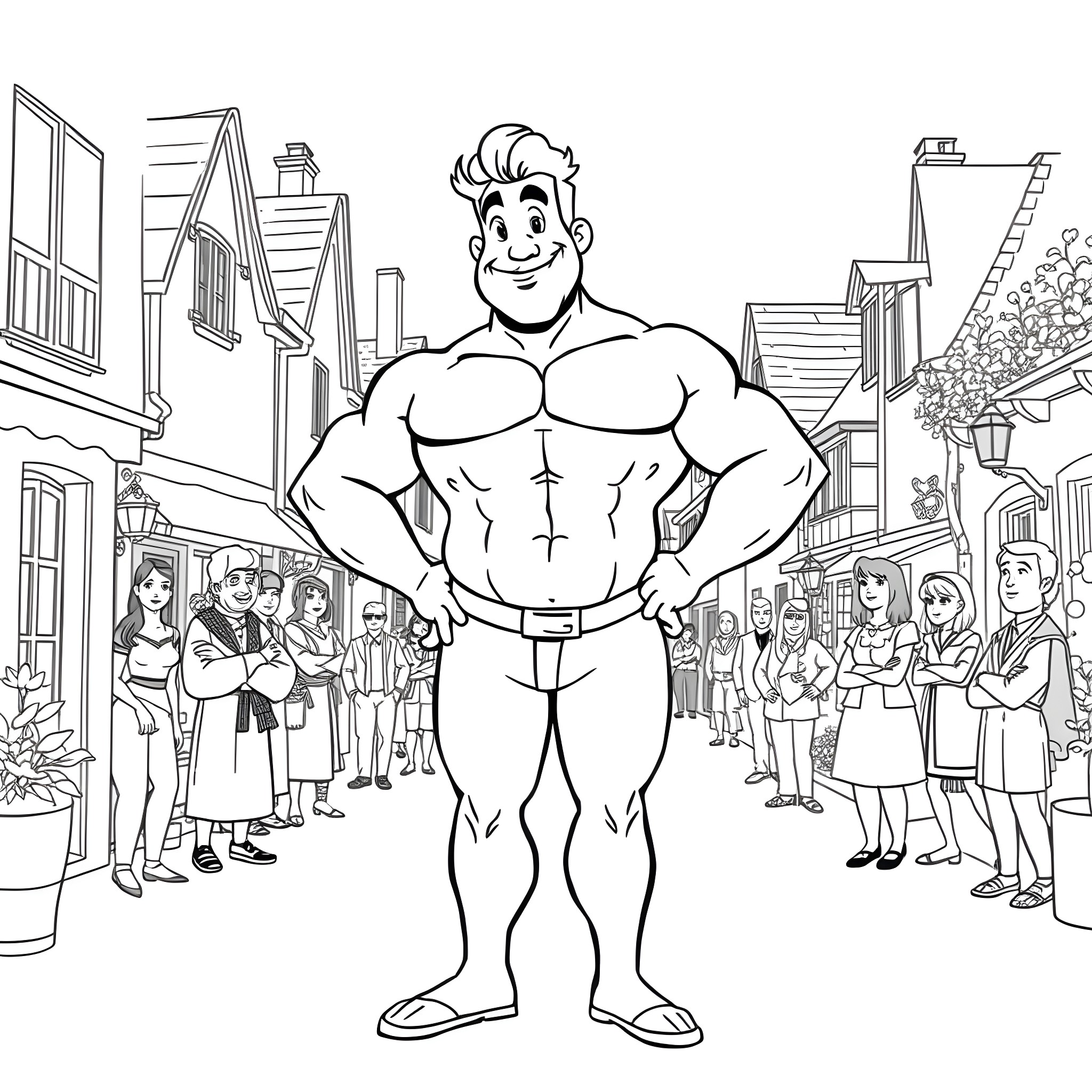 Gastón's Heroic Pose on the City Street Coloring Page (free black-and-white line drawing printable PDF for all, from beginners to advanced learners, including children, teens, adults, and seniors)
