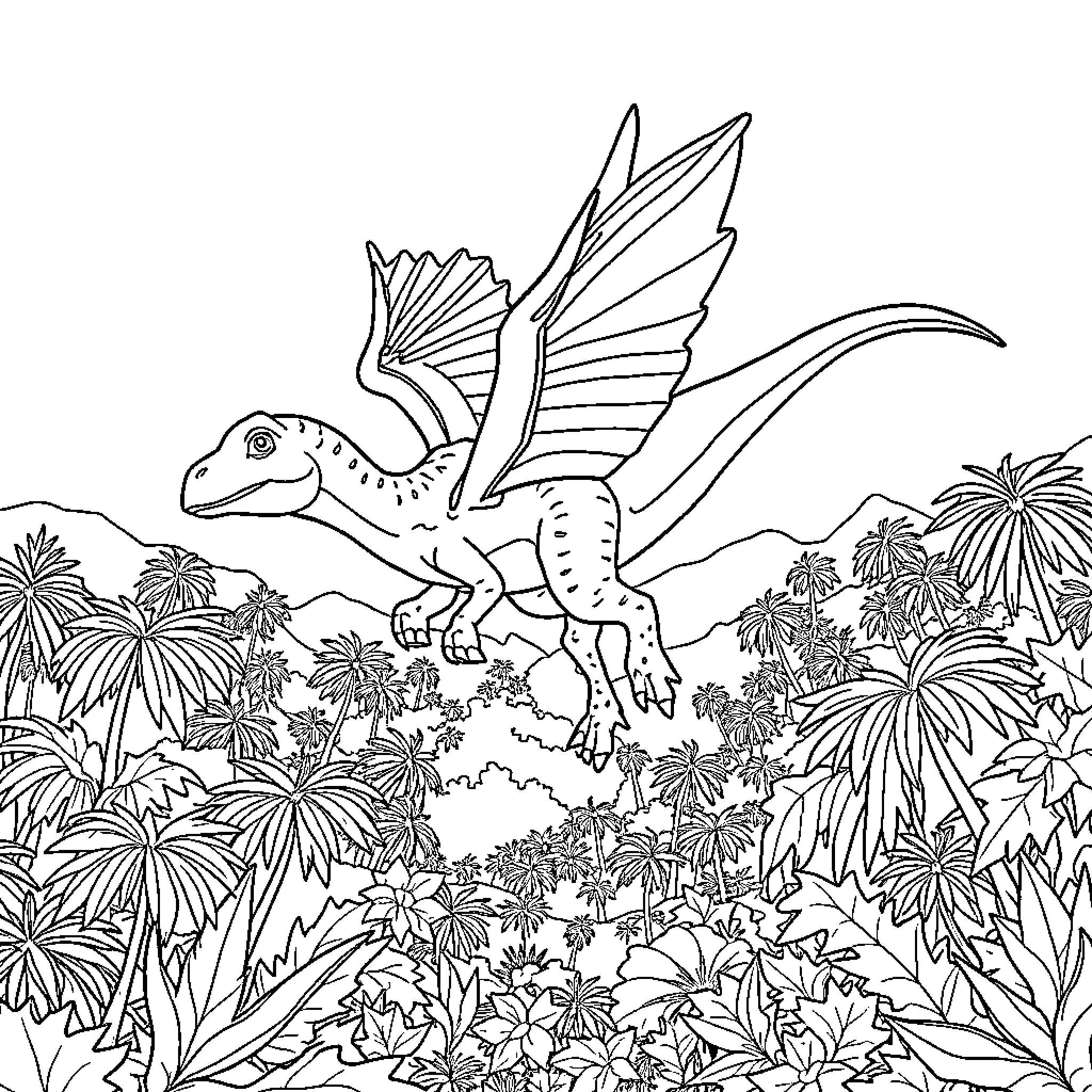 Archaeopteryx soaring through prehistoric landscape Coloring Page (free black-and-white line drawing printable PDF for all, from beginners to advanced learners, including children, teens, adults, and seniors)