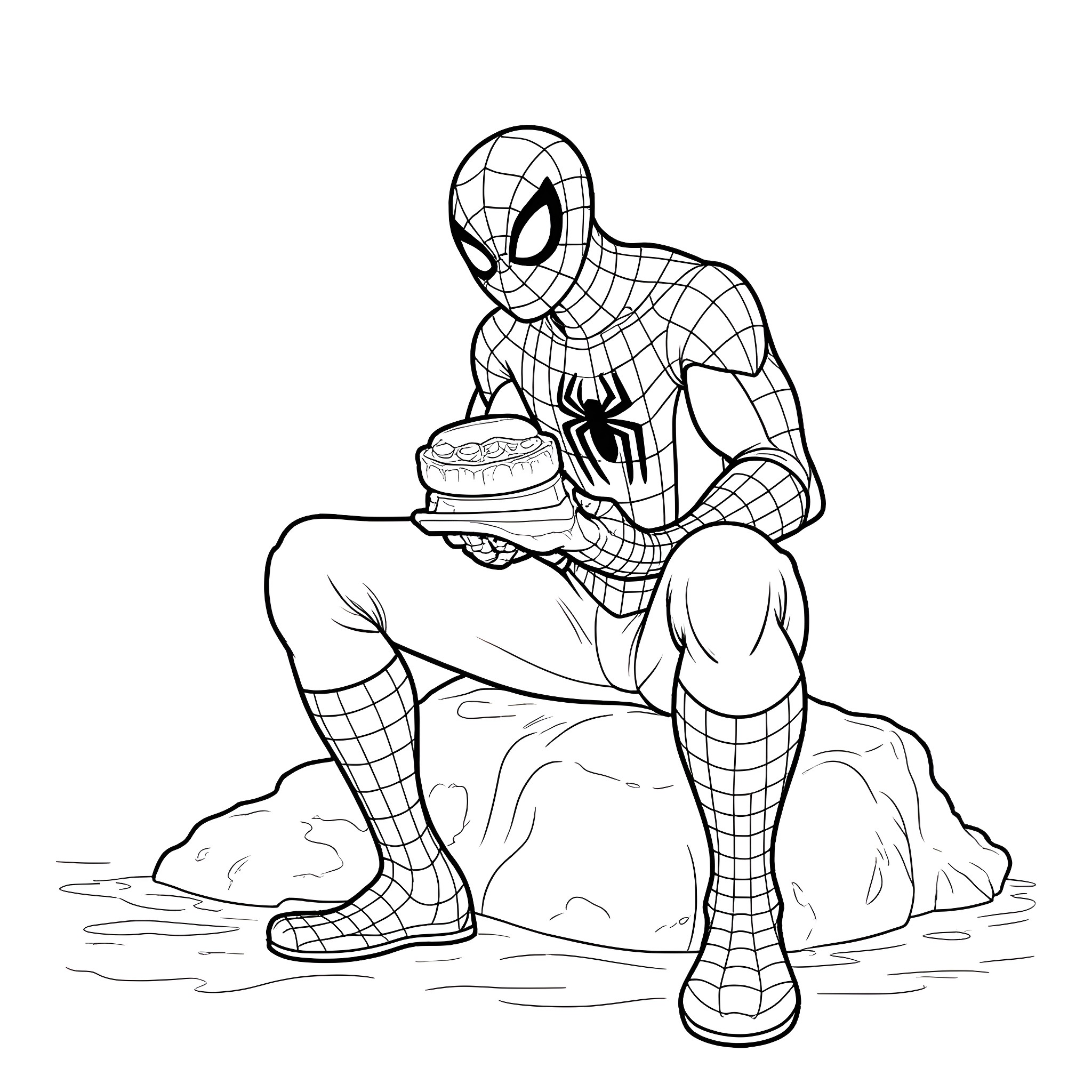 Spider-Man Resting on Rocks with Snack Coloring Page (free black-and-white line drawing printable PDF for all, from beginners to advanced learners, including children, teens, adults, and seniors)