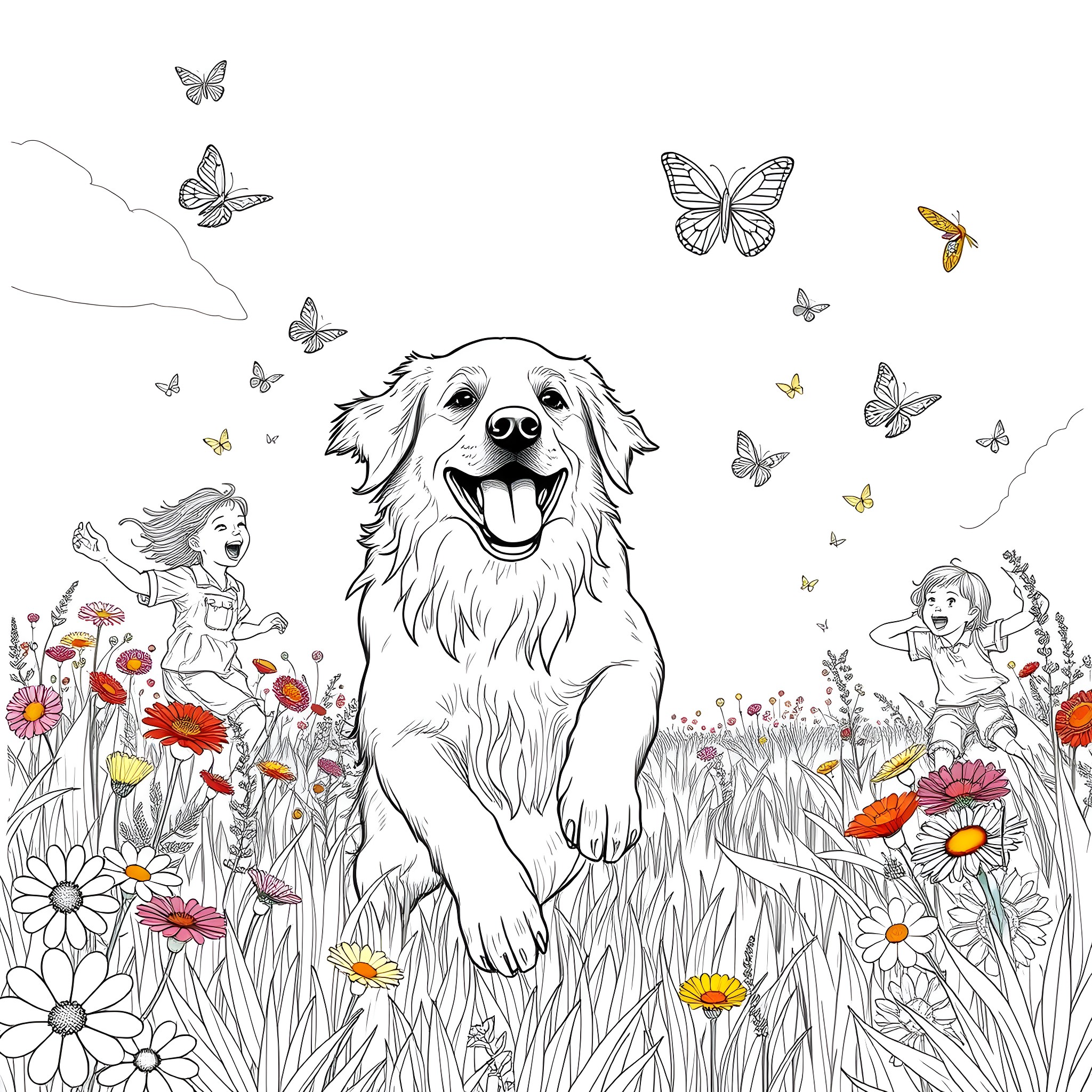 Golden Retriever frolicking in a flowery meadow Coloring Page (free black-and-white line drawing printable PDF for all, from beginners to advanced learners, including children, teens, adults, and seniors)