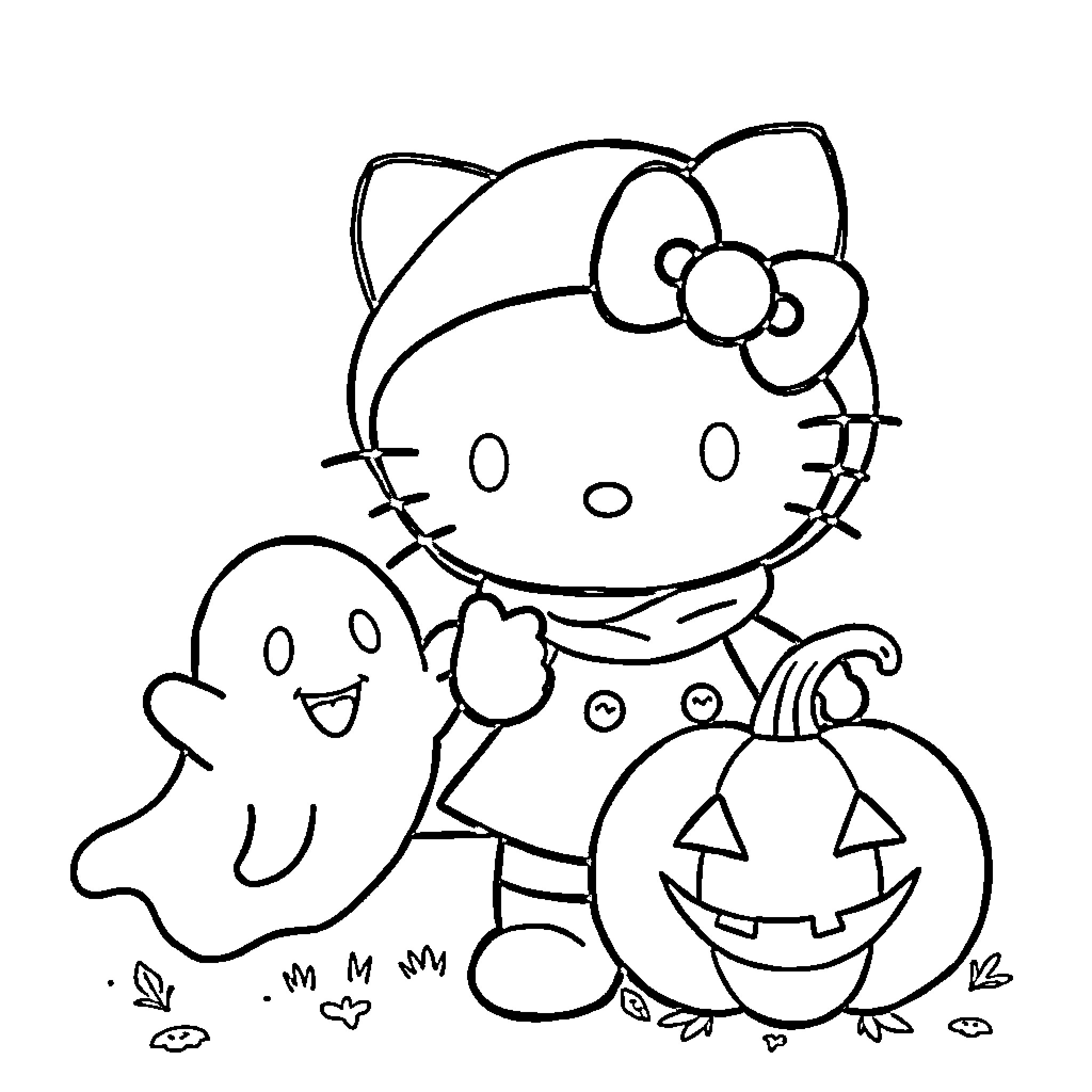 Hello Kitty Trick-or-Treating with Friends Coloring Page (free black-and-white line drawing printable PDF for all, from beginners to advanced learners, including children, teens, adults, and seniors)