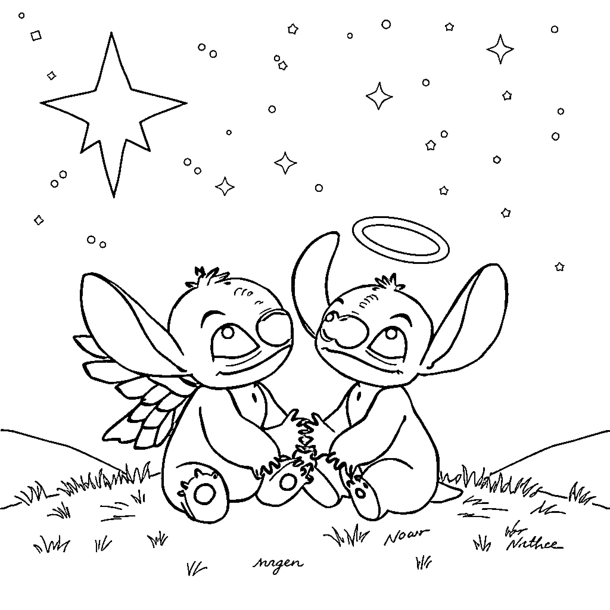 Stitch playing with angel Stitch in the meadow Coloring Page (free black-and-white line drawing printable PDF for all, from beginners to advanced learners, including children, teens, adults, and seniors)