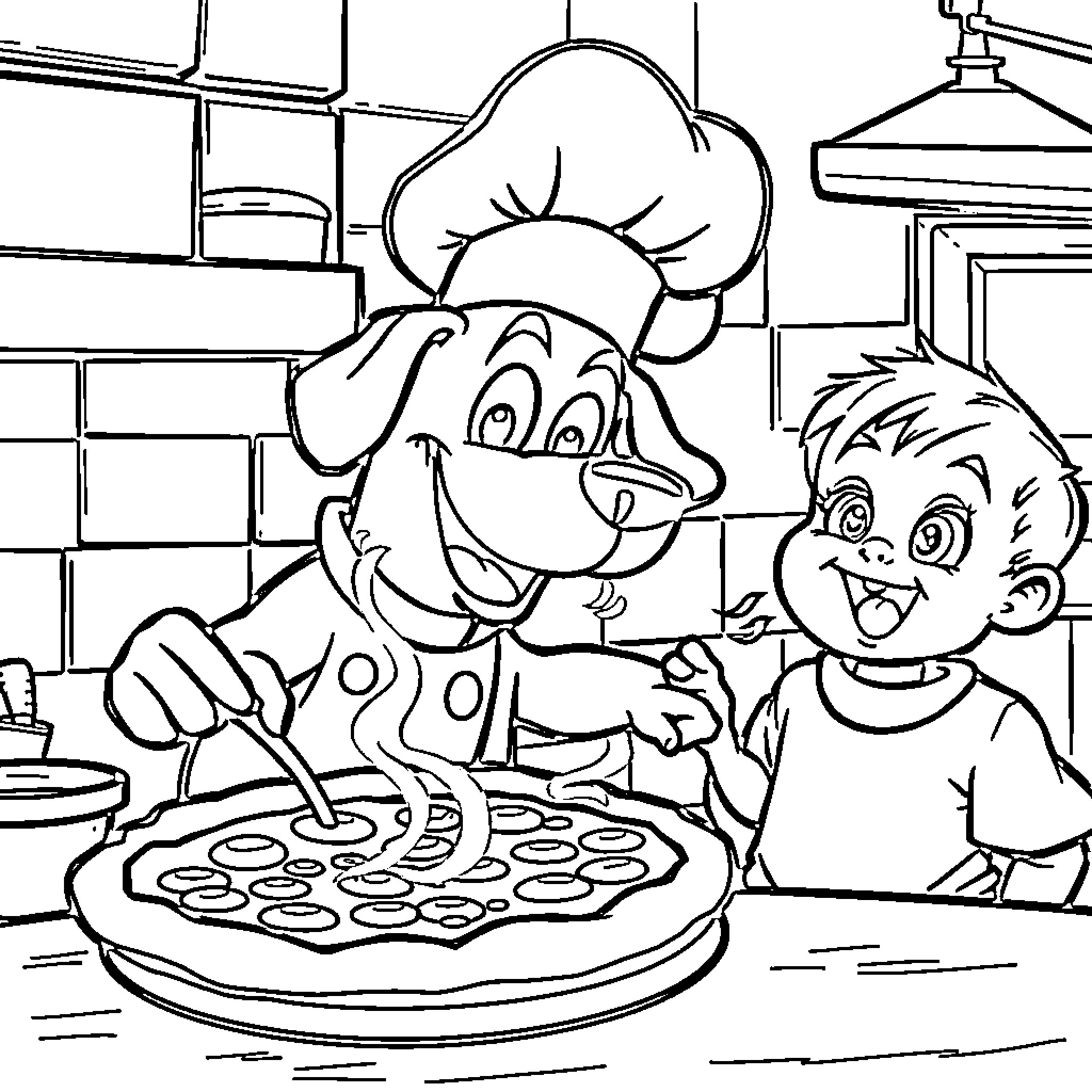 Dog chef cooking pizza with happy child Coloring Page (free black-and-white line drawing printable PDF for all, from beginners to advanced learners, including children, teens, adults, and seniors)