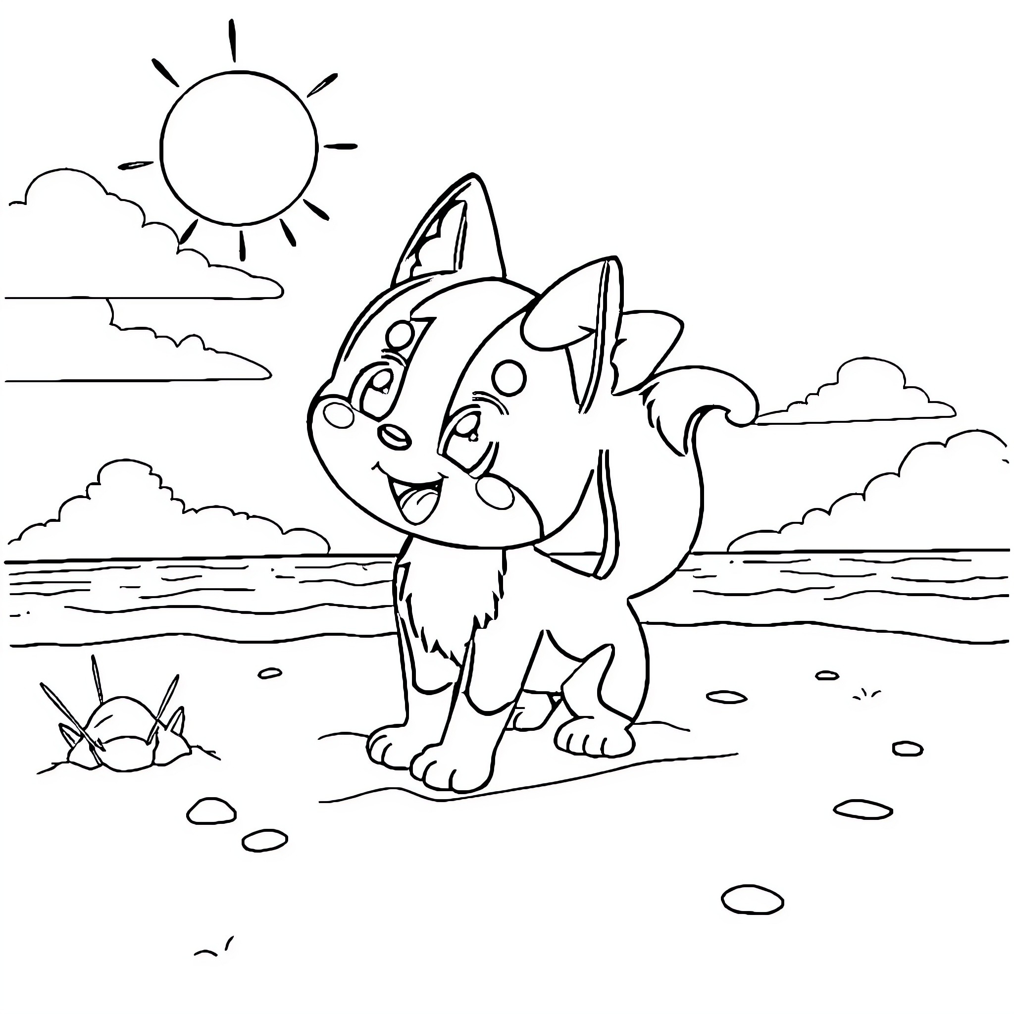Kuromi enjoying a sunny day at the beach Coloring Page (free black-and-white line drawing printable PDF for all, from beginners to advanced learners, including children, teens, adults, and seniors)
