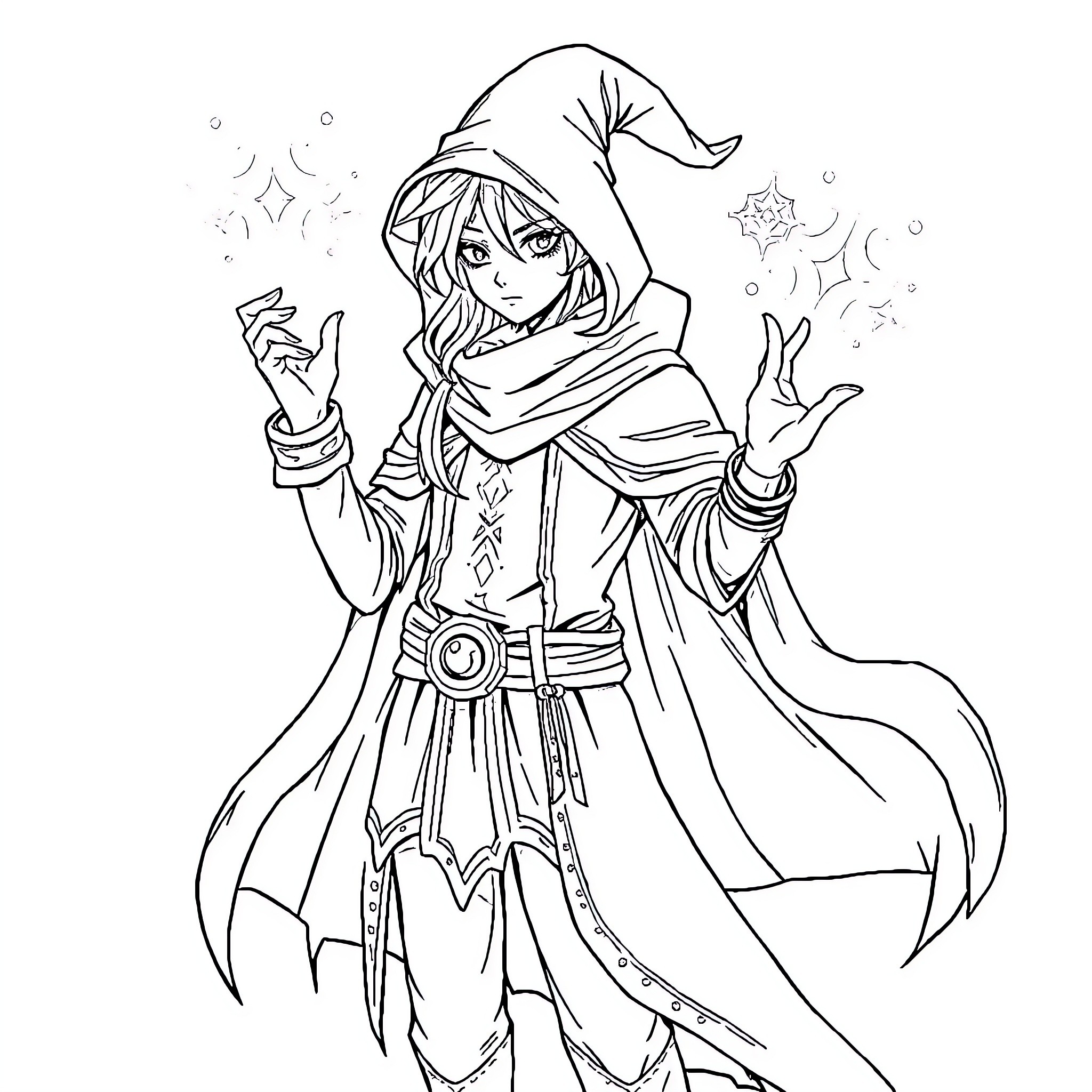 Character in Mystical Pose with Magical Elements Coloring Page (free black-and-white line drawing printable PDF for all, from beginners to advanced learners, including children, teens, adults, and seniors)