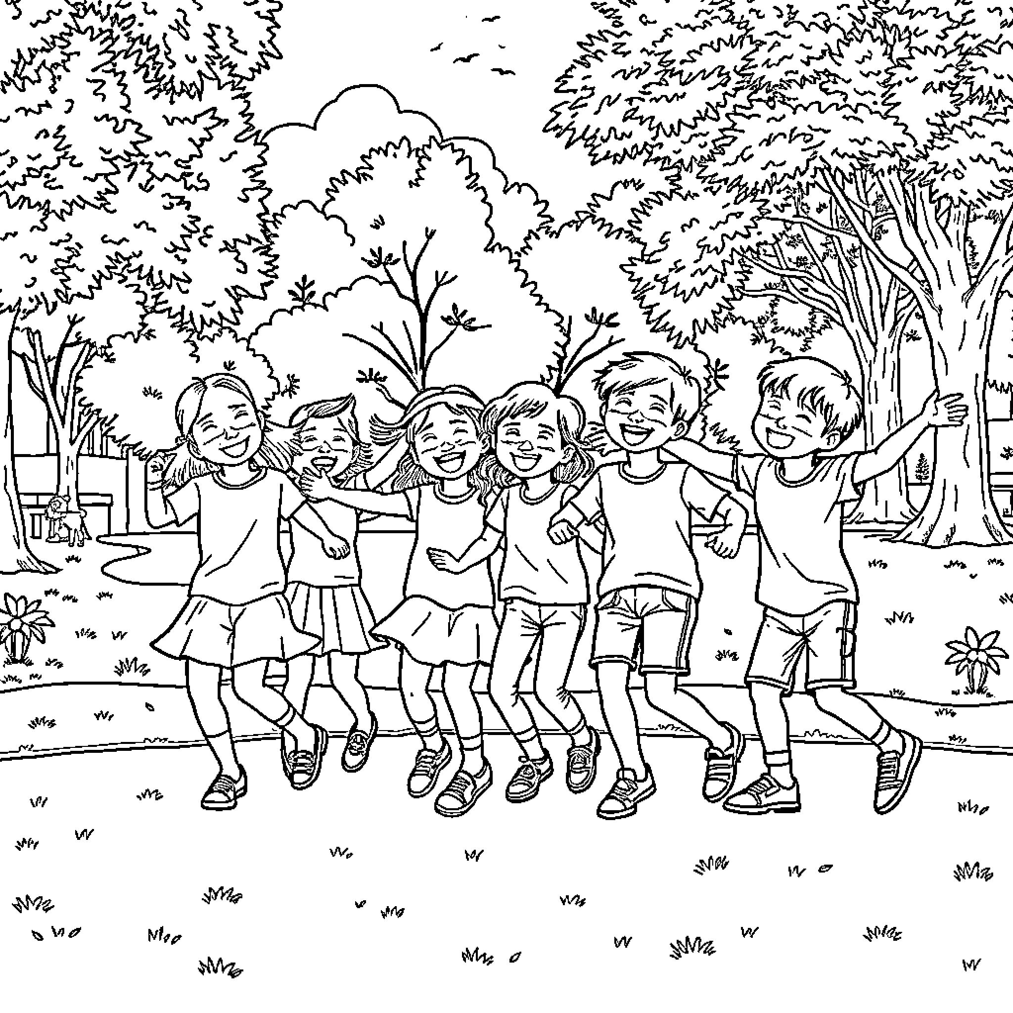 Kid friends happily playing together in the park Coloring Page (free black-and-white line drawing printable PDF for all, from beginners to advanced learners, including children, teens, adults, and seniors)