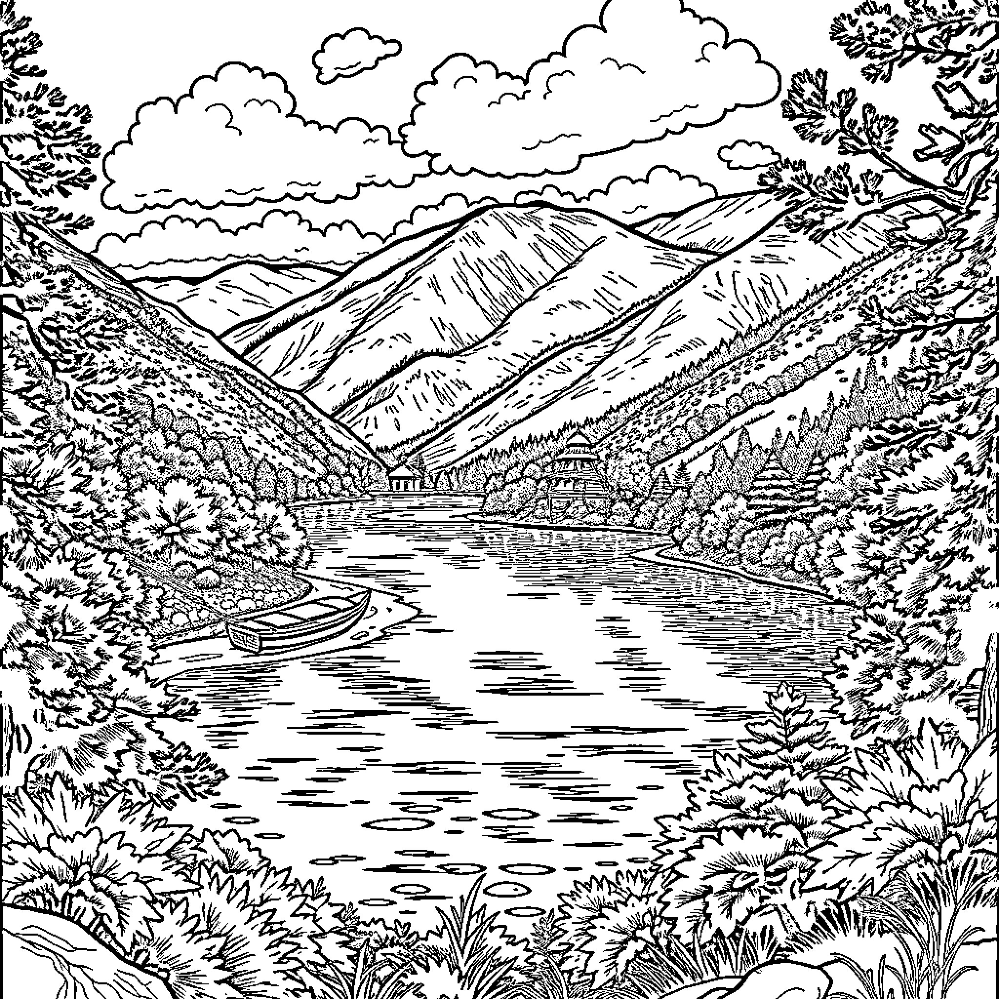 Lake in the Scenic Mountain Landscape Coloring Page (free black-and-white line drawing printable PDF for all, from beginners to advanced learners, including children, teens, adults, and seniors)