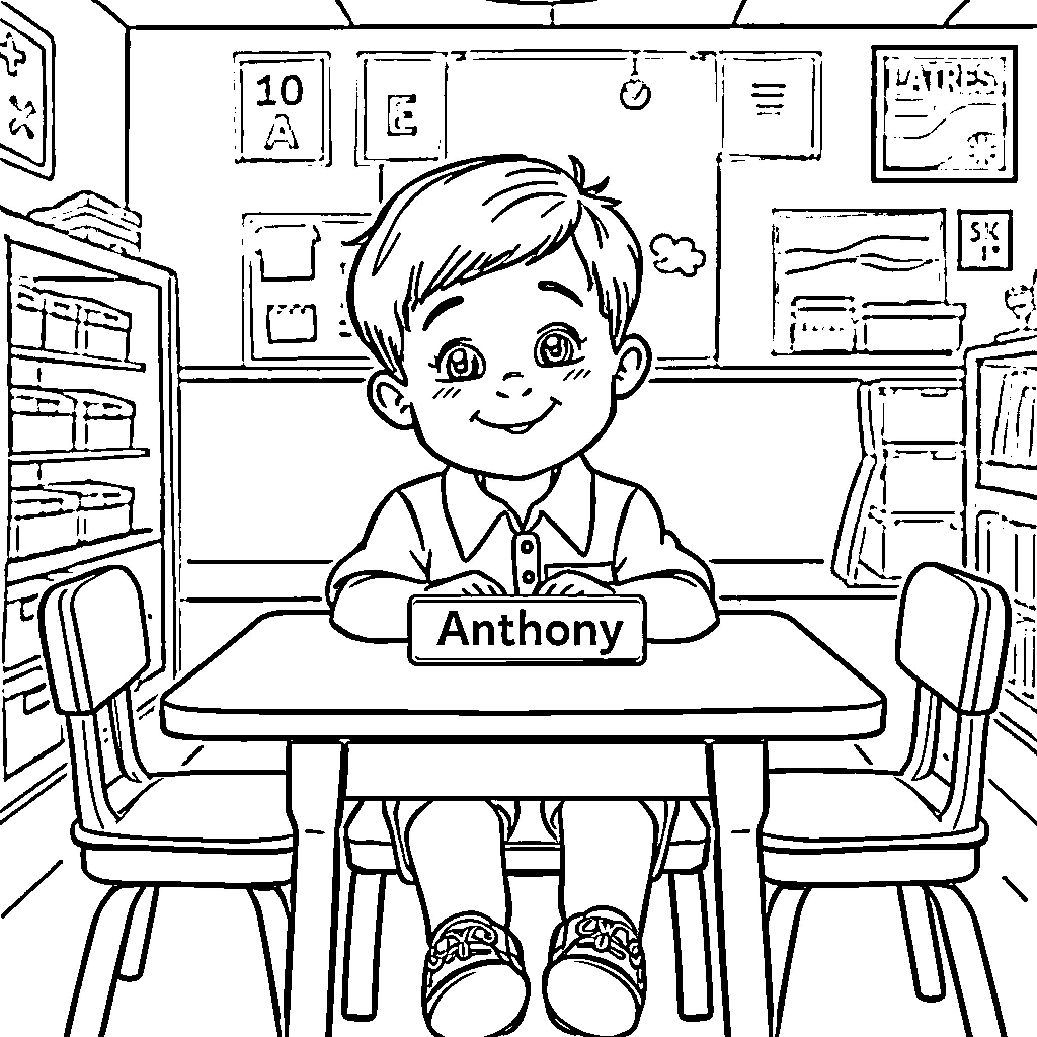 Boy sitting at desk in classroom Coloring Page (free black-and-white line drawing printable PDF for all, from beginners to advanced learners, including children, teens, adults, and seniors)