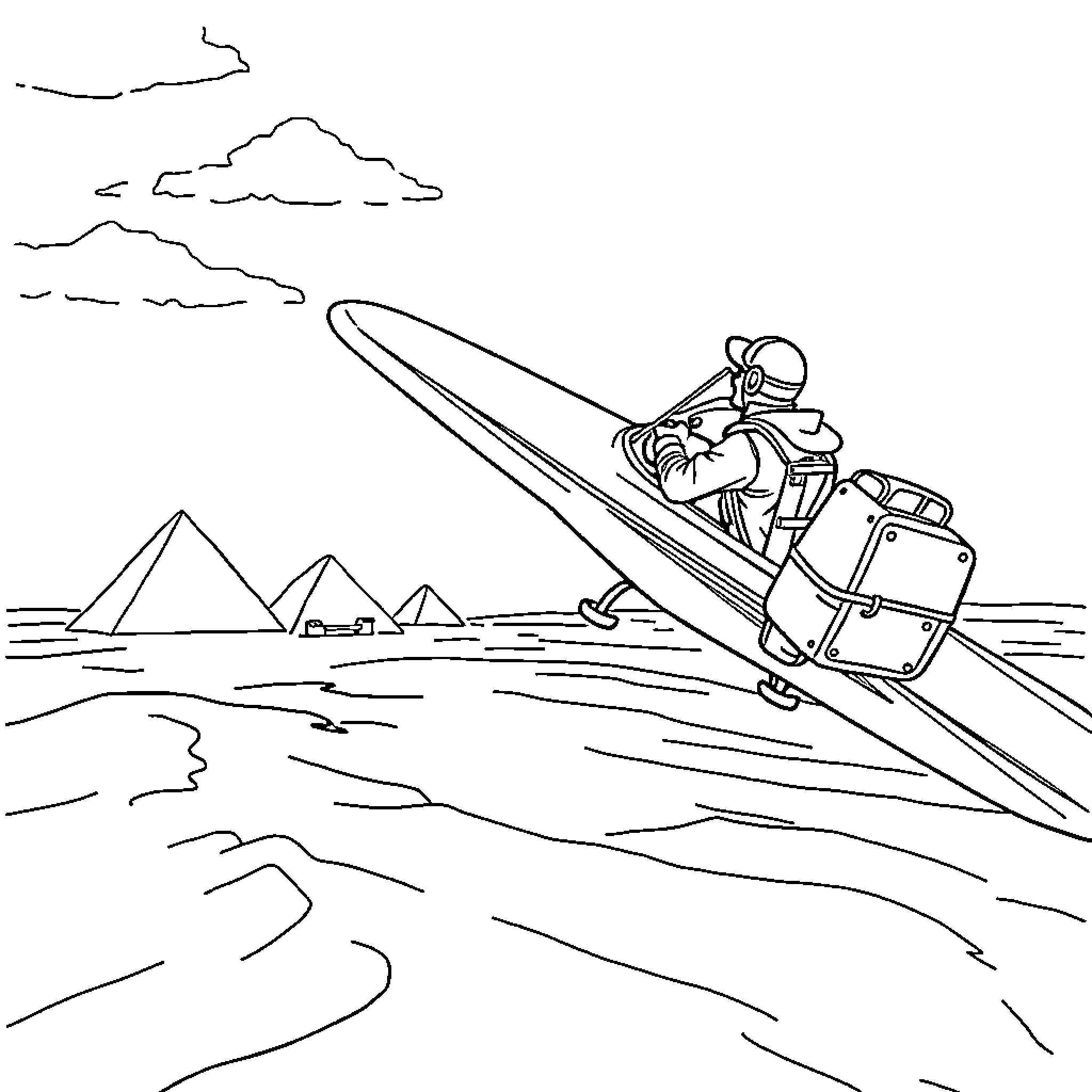 Pilot flying over desert with pyramids Coloring Page (free black-and-white line drawing printable PDF for all, from beginners to advanced learners, including children, teens, adults, and seniors)