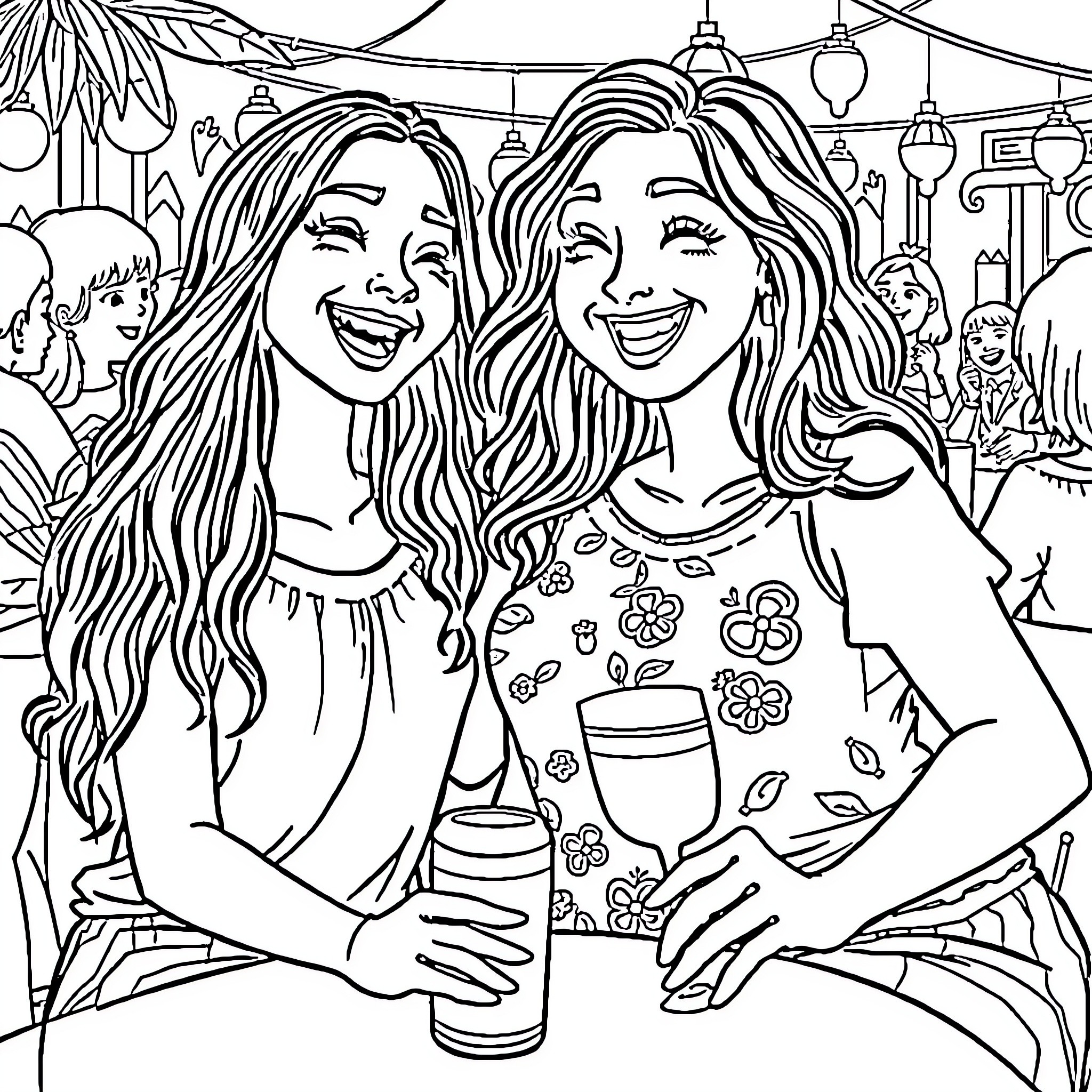 Anna and Her Friend Enjoying a Fun Day Out Coloring Page (free black-and-white line drawing printable PDF for all, from beginners to advanced learners, including children, teens, adults, and seniors)