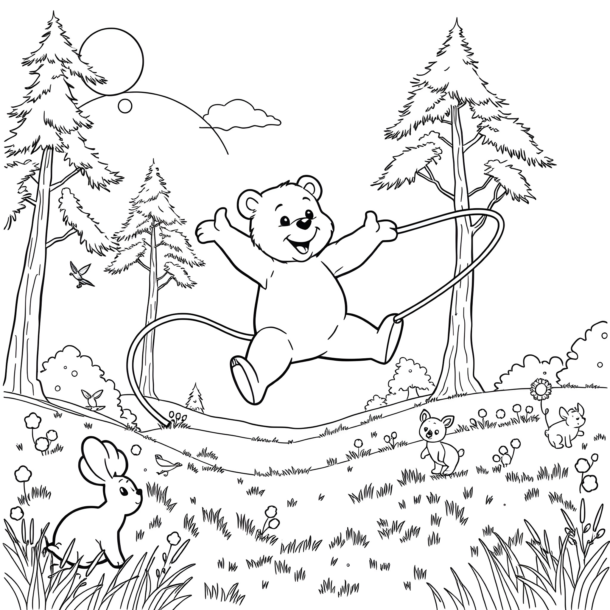 Charlie Bear playing happily in the forest Coloring Page (free black-and-white line drawing printable PDF for all, from beginners to advanced learners, including children, teens, adults, and seniors)