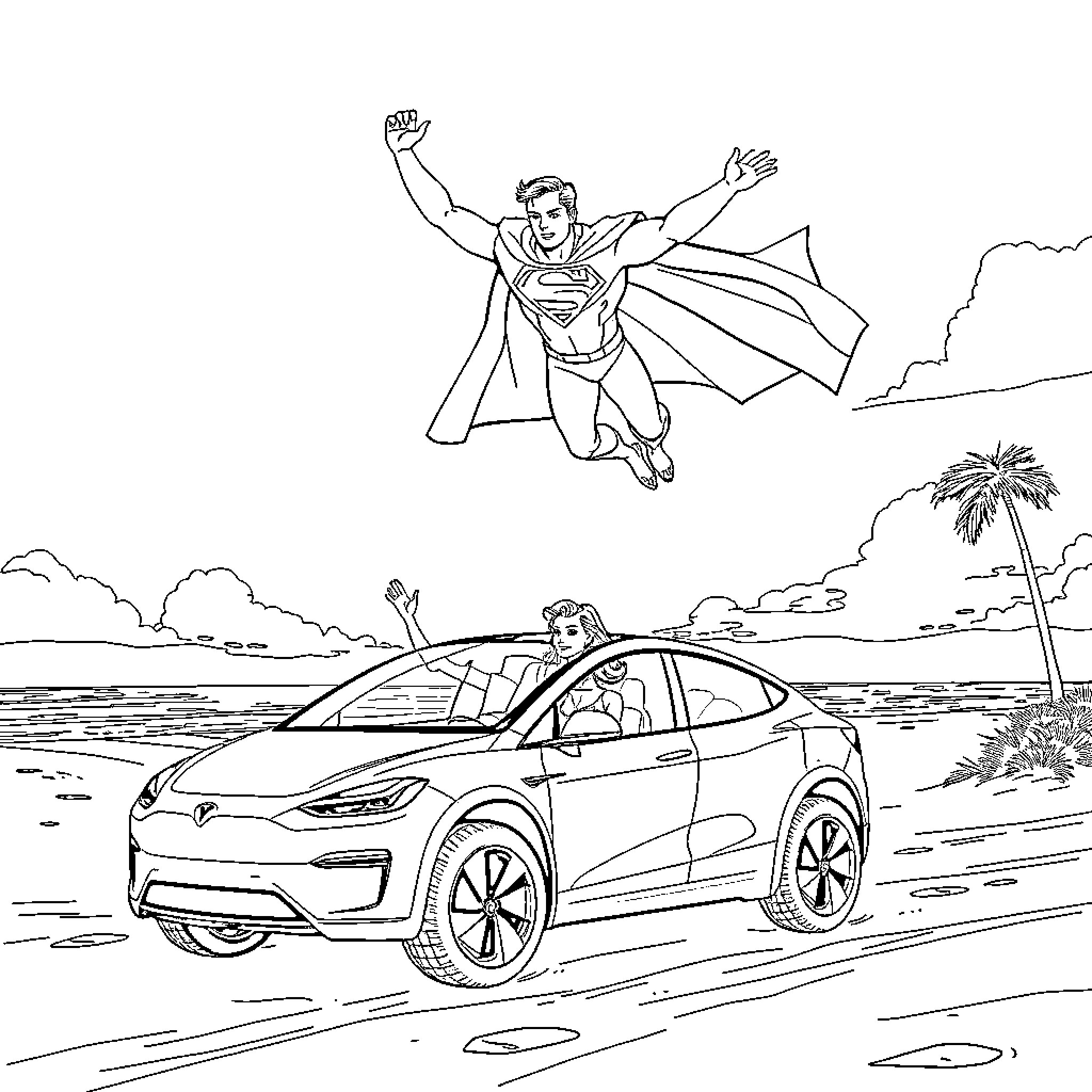 Superman flying and driving an electric car on the beach Coloring Page (free black-and-white line drawing printable PDF for all, from beginners to advanced learners, including children, teens, adults, and seniors)