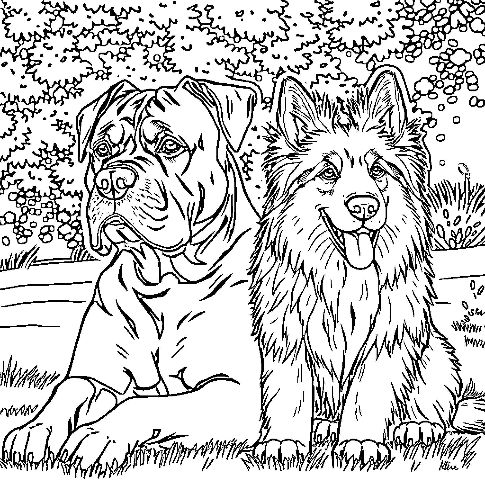 Dog duo exploring the outdoors together Coloring Page (free black-and-white line drawing printable PDF for all, from beginners to advanced learners, including children, teens, adults, and seniors)