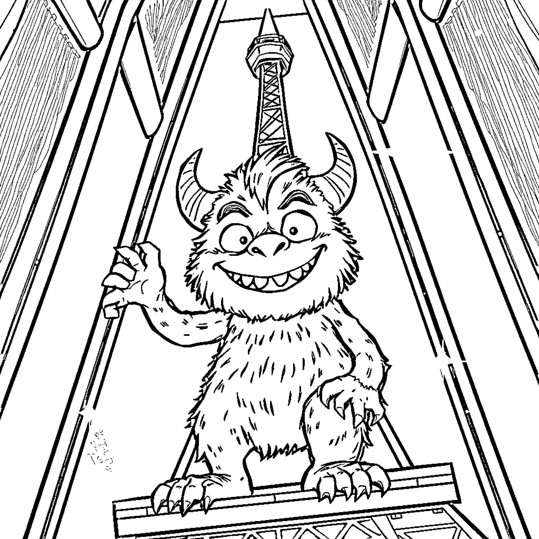 Monster Explores Fantastical Tower Landscape Coloring Page (free black-and-white line drawing printable PDF for all, from beginners to advanced learners, including children, teens, adults, and seniors)