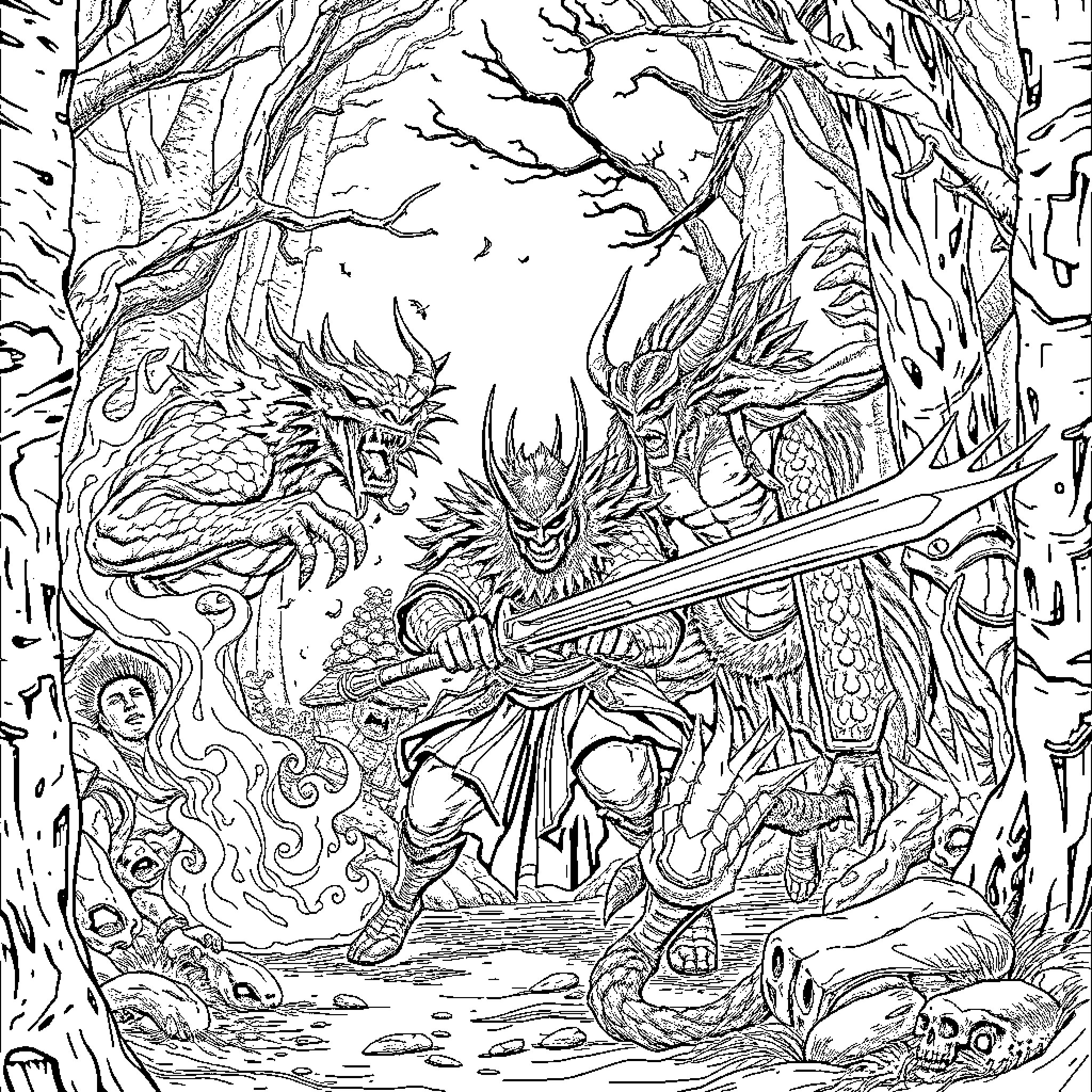Huntrix Warrior Battles Fierce Dragons in Mystic Forest Coloring Page (free black-and-white line drawing printable PDF for all, from beginners to advanced learners, including children, teens, adults, and seniors)