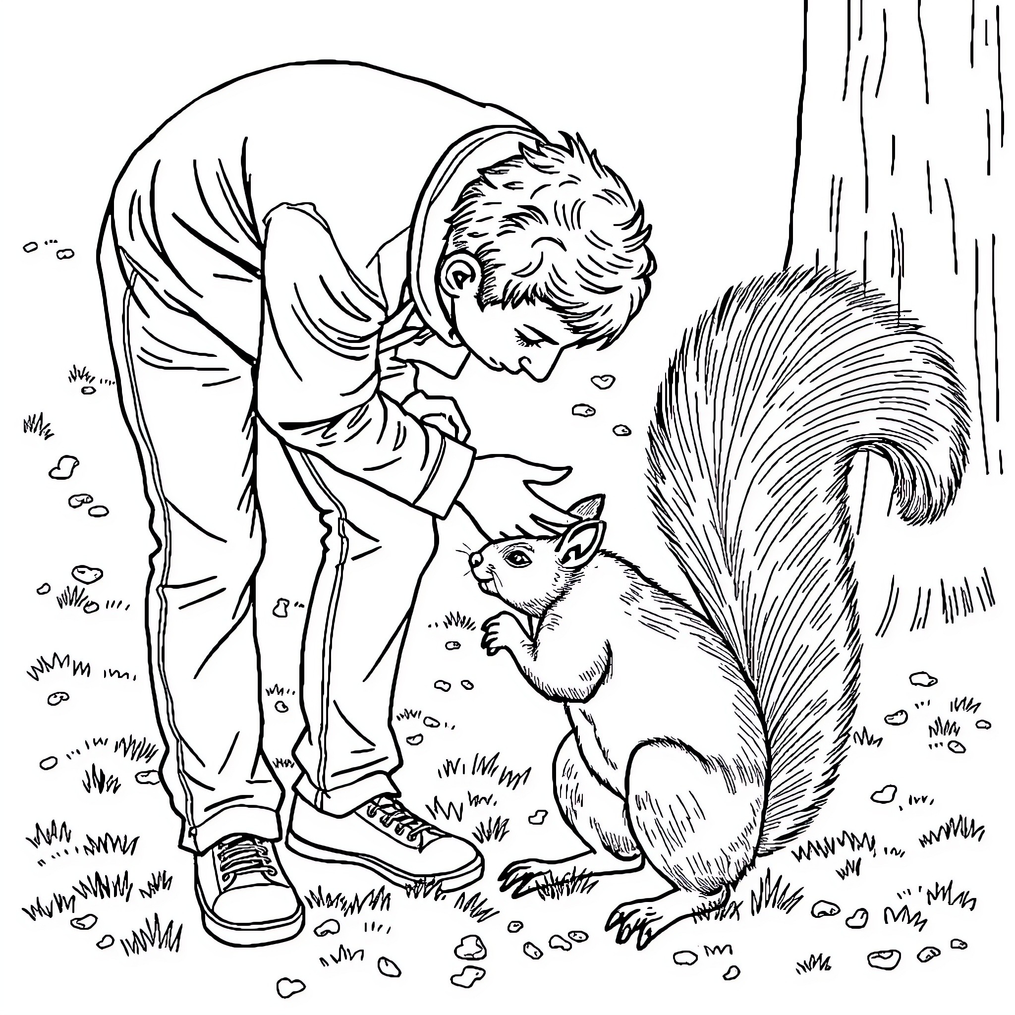 Man interacting with playful squirrel in forest Coloring Page (free black-and-white line drawing printable PDF for all, from beginners to advanced learners, including children, teens, adults, and seniors)