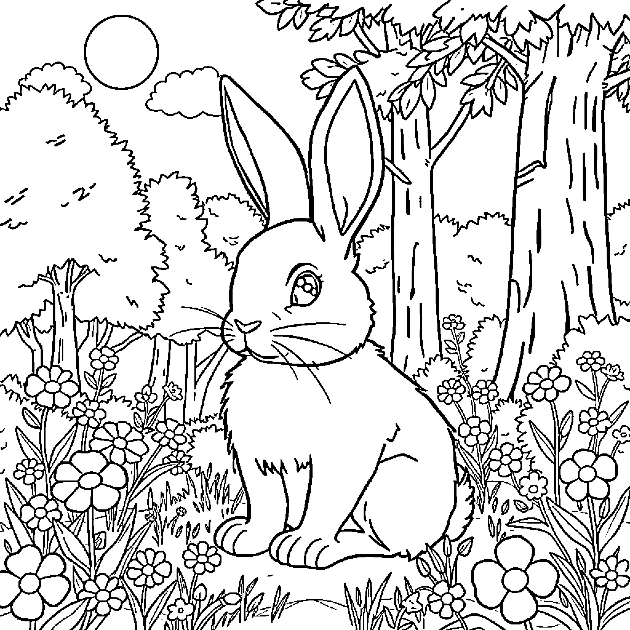 Rabbit in a flowery forest scene Coloring Page (free black-and-white line drawing printable PDF for all, from beginners to advanced learners, including children, teens, adults, and seniors)