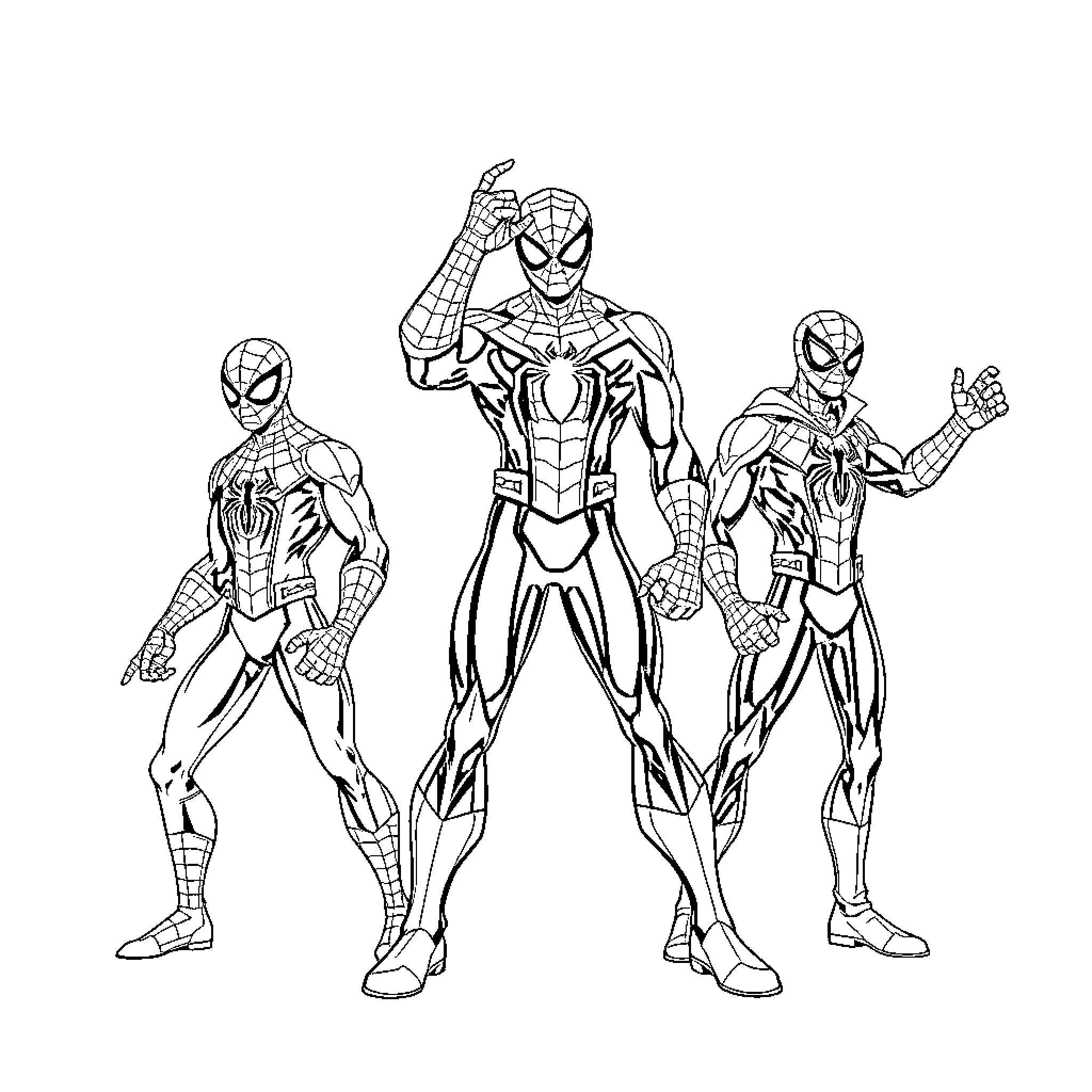 Spider-Man and Friends in Action Poses Coloring Page (free black-and-white line drawing printable PDF for all, from beginners to advanced learners, including children, teens, adults, and seniors)