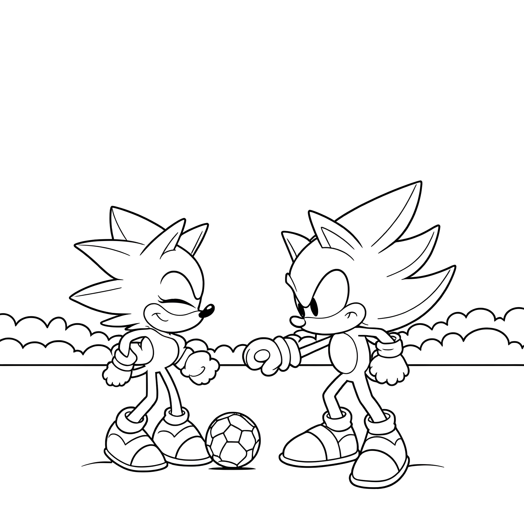 Sonic and Friends Playing Soccer on the Field Coloring Page (free black-and-white line drawing printable PDF for all, from beginners to advanced learners, including children, teens, adults, and seniors)