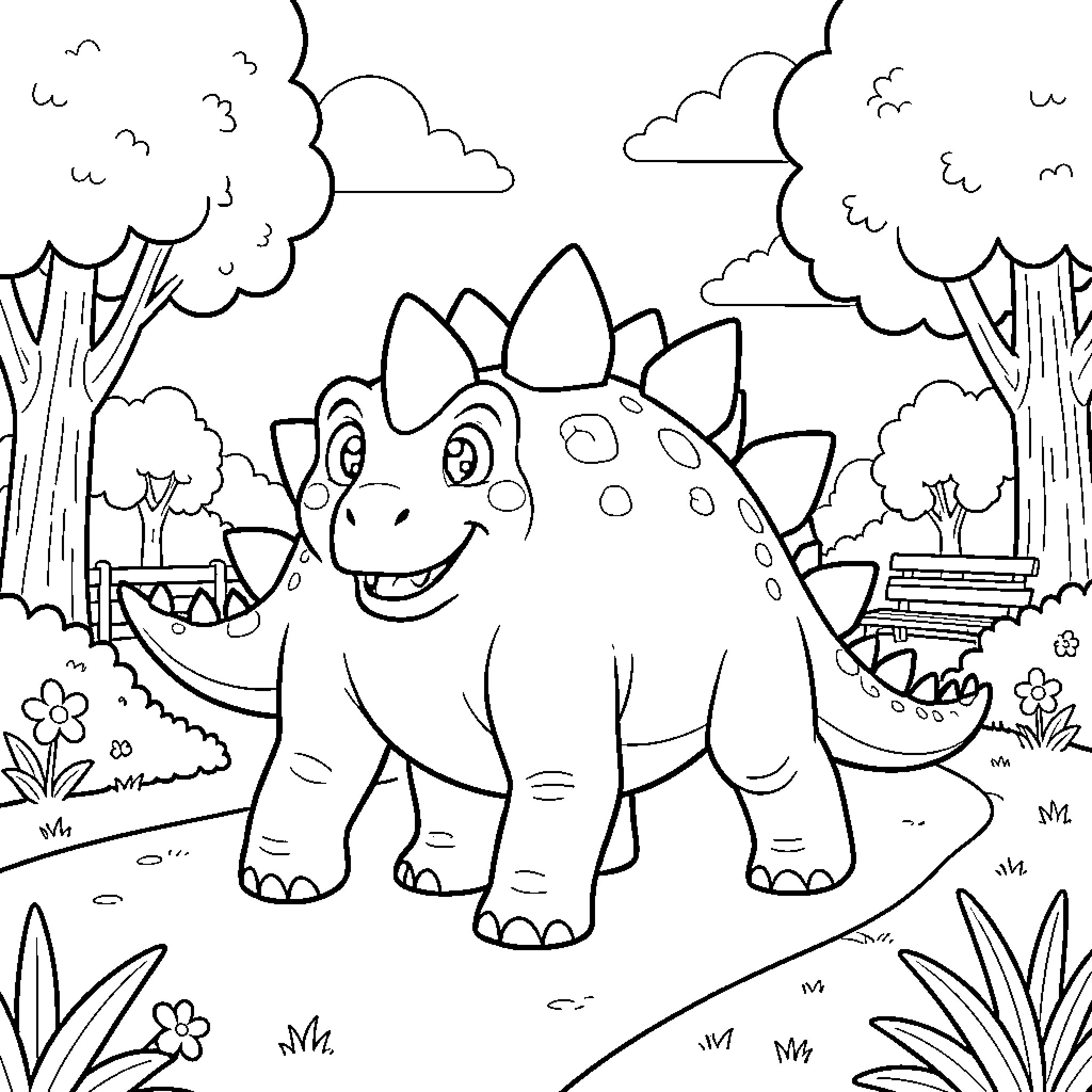 Stegosaurus smiling while walking through a lush forest Coloring Page (free black-and-white line drawing printable PDF for all, from beginners to advanced learners, including children, teens, adults, and seniors)