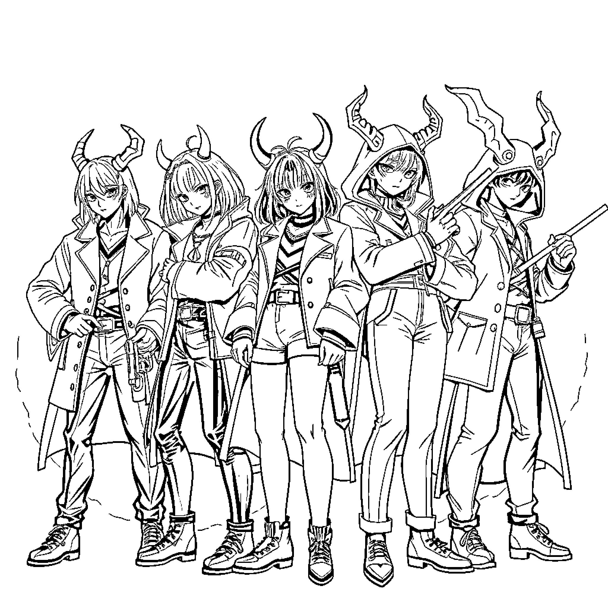 Kpop Demon Hunters in Fierce Poses and Outfits Coloring Page (free black-and-white line drawing printable PDF for all, from beginners to advanced learners, including children, teens, adults, and seniors)