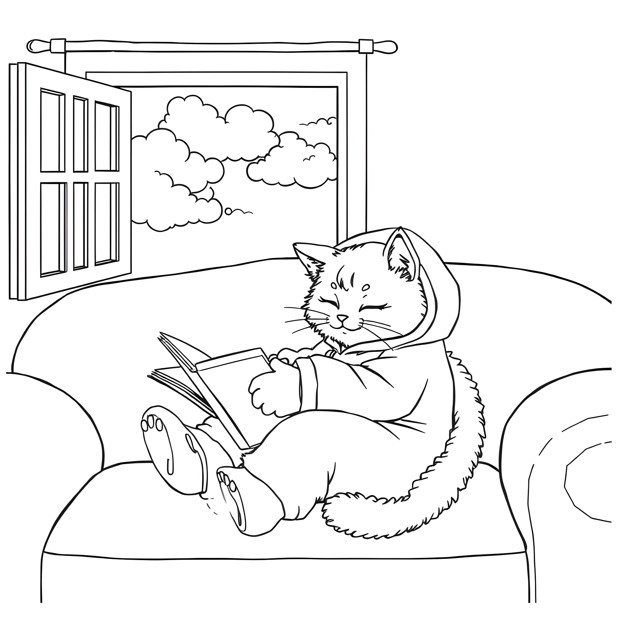 Cat reading a book by the window Coloring Page (free black-and-white line drawing printable PDF for all, from beginners to advanced learners, including children, teens, adults, and seniors)
