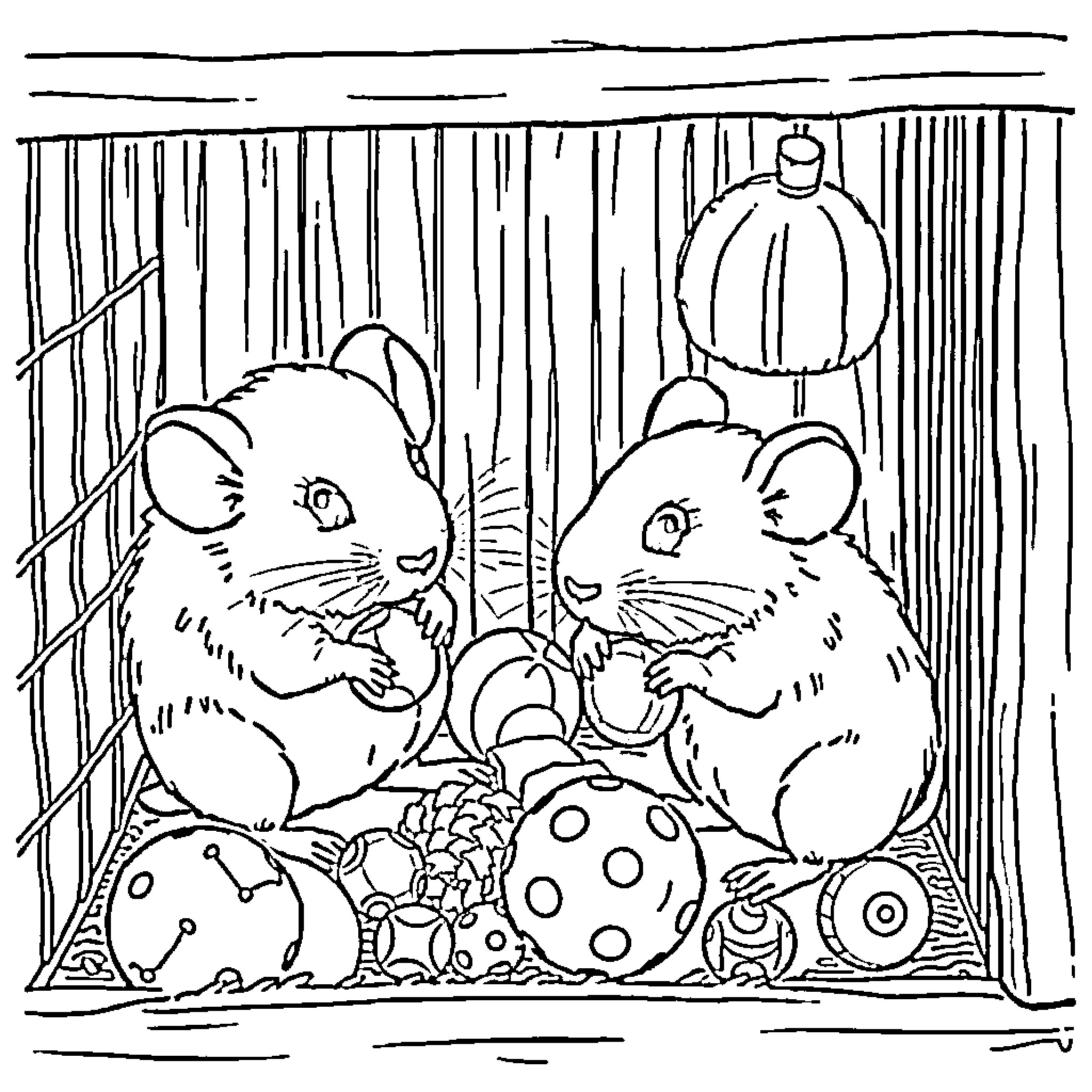 Rat companions exploring playful decorations Coloring Page (free black-and-white line drawing printable PDF for all, from beginners to advanced learners, including children, teens, adults, and seniors)