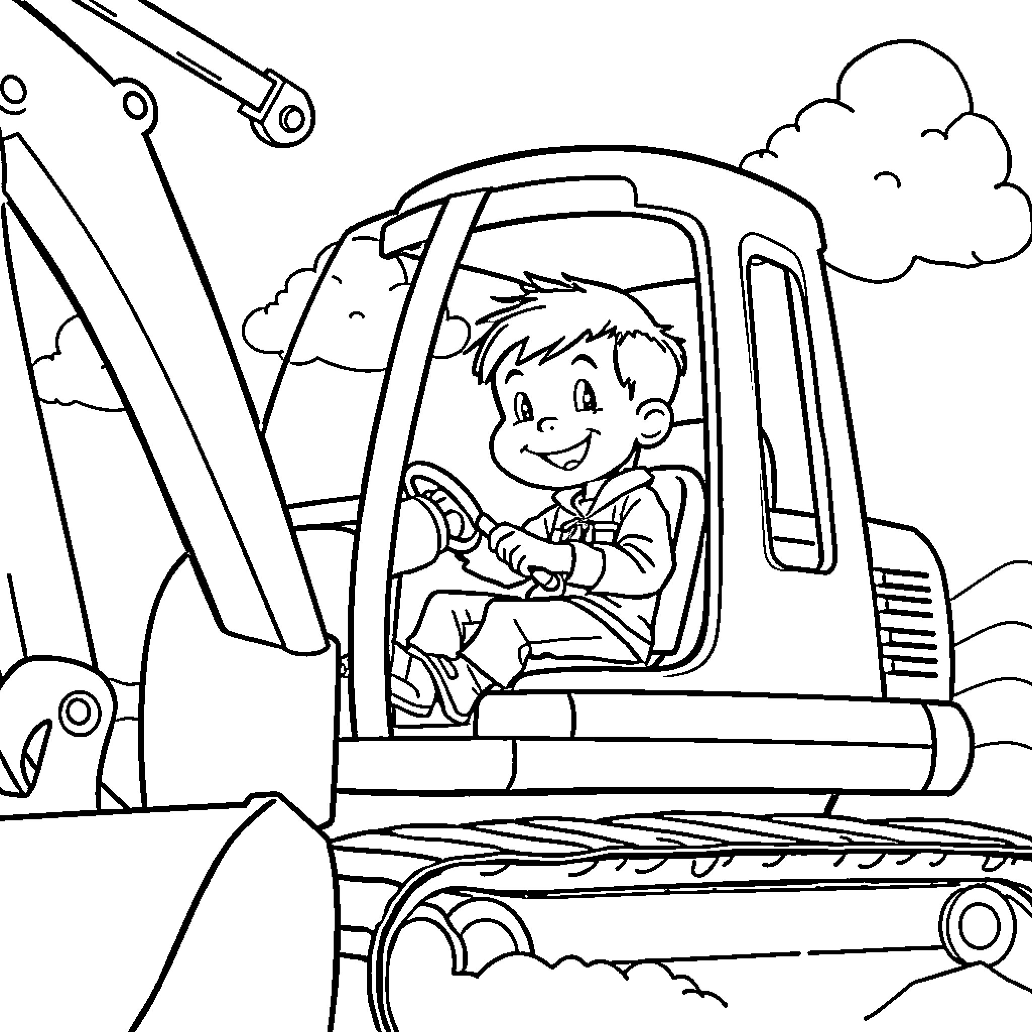 Boy operating construction machinery in the countryside Coloring Page (free black-and-white line drawing printable PDF for all, from beginners to advanced learners, including children, teens, adults, and seniors)
