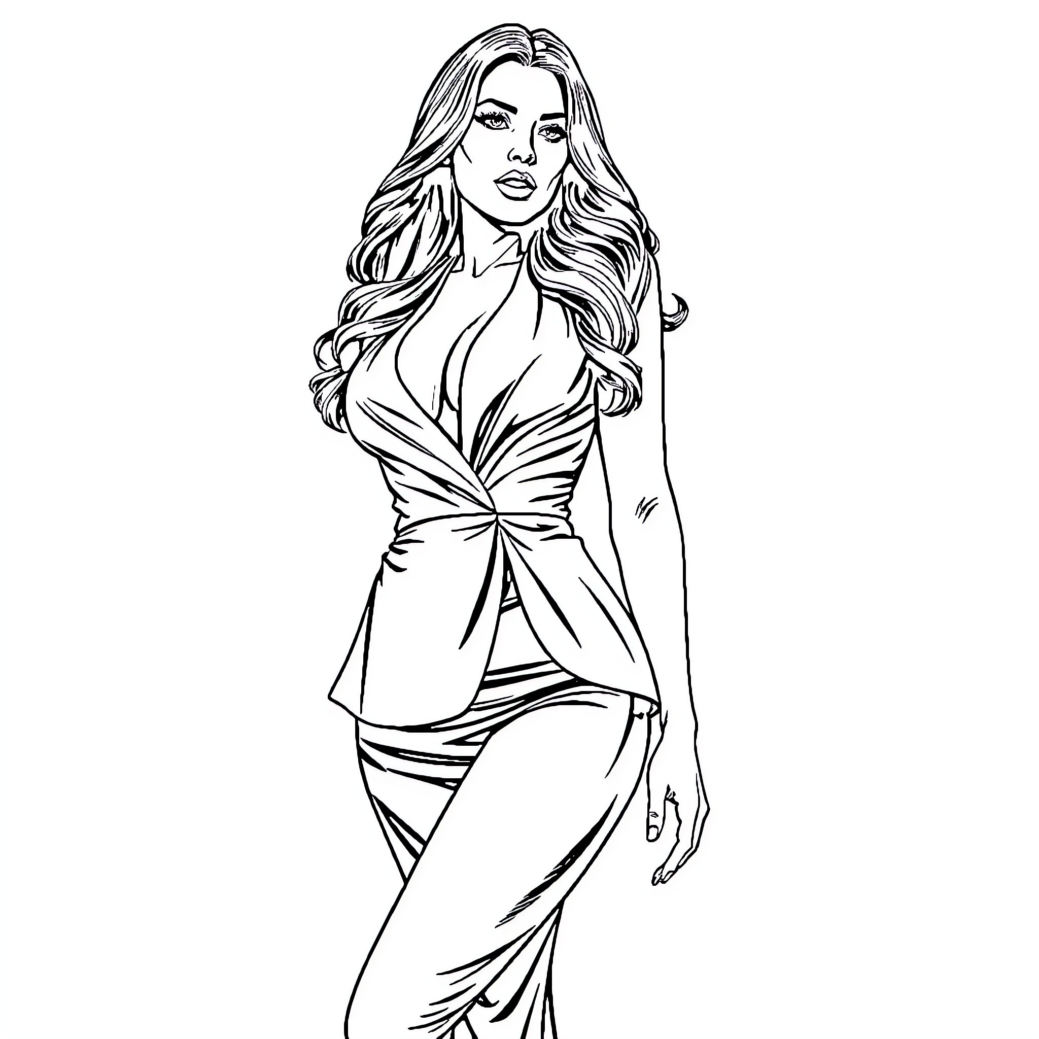 Megan Fox in a Stylish and Sophisticated Outfit Coloring Page (free black-and-white line drawing printable PDF for all, from beginners to advanced learners, including children, teens, adults, and seniors)