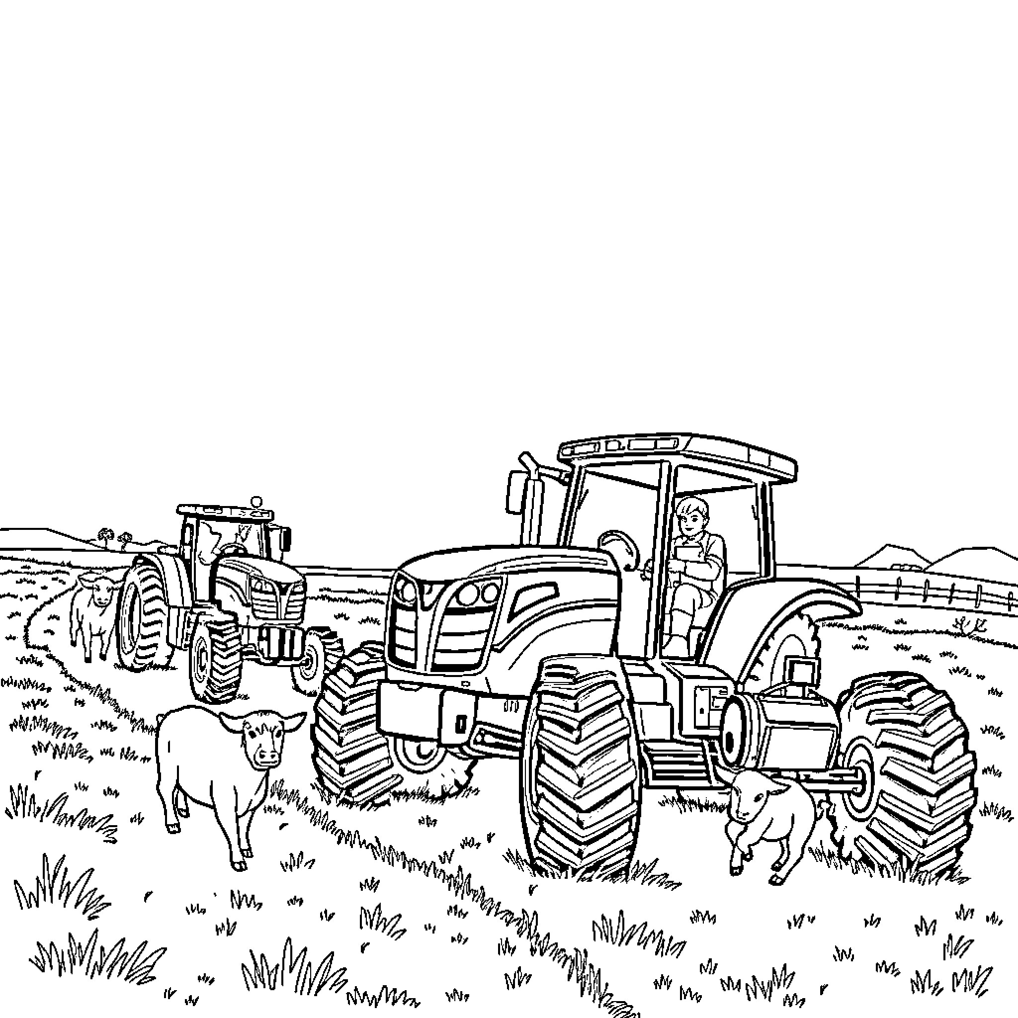 Robot tractors working in the countryside Coloring Page (free black-and-white line drawing printable PDF for all, from beginners to advanced learners, including children, teens, adults, and seniors)