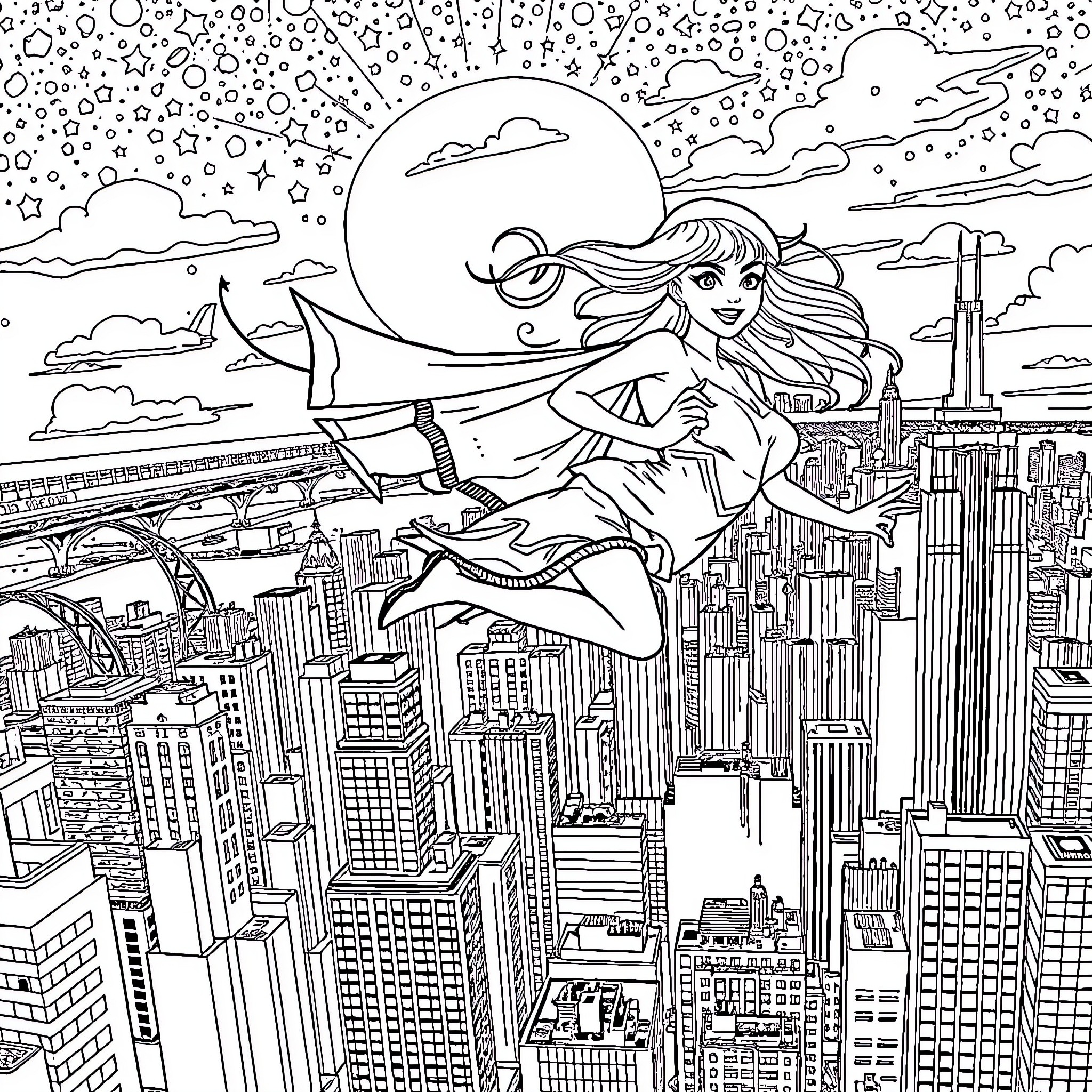 Chica soaring through the city skyline Coloring Page (free black-and-white line drawing printable PDF for all, from beginners to advanced learners, including children, teens, adults, and seniors)