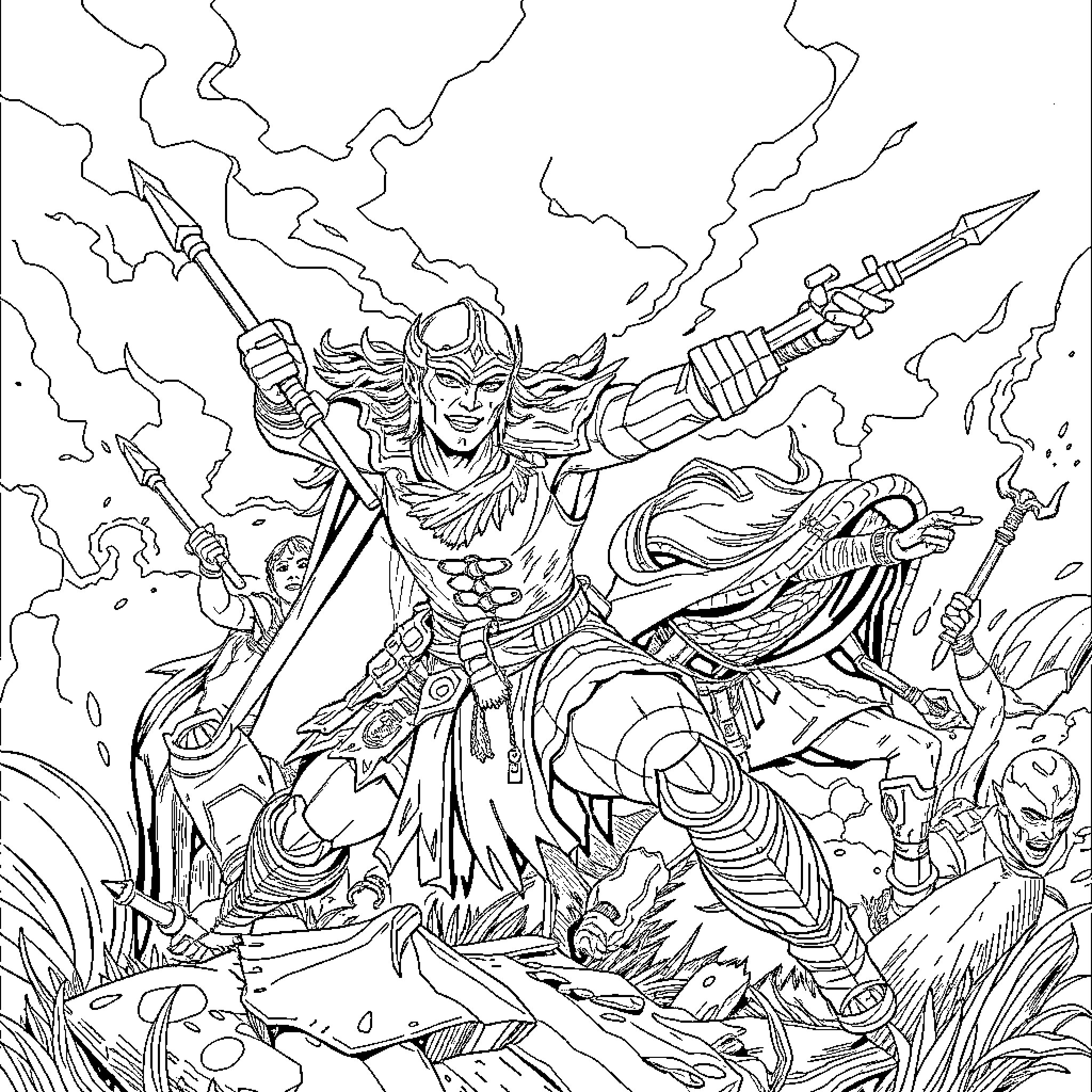Huntrix Wields Powerful Weapons in Epic Battle Coloring Page (free black-and-white line drawing printable PDF for all, from beginners to advanced learners, including children, teens, adults, and seniors)
