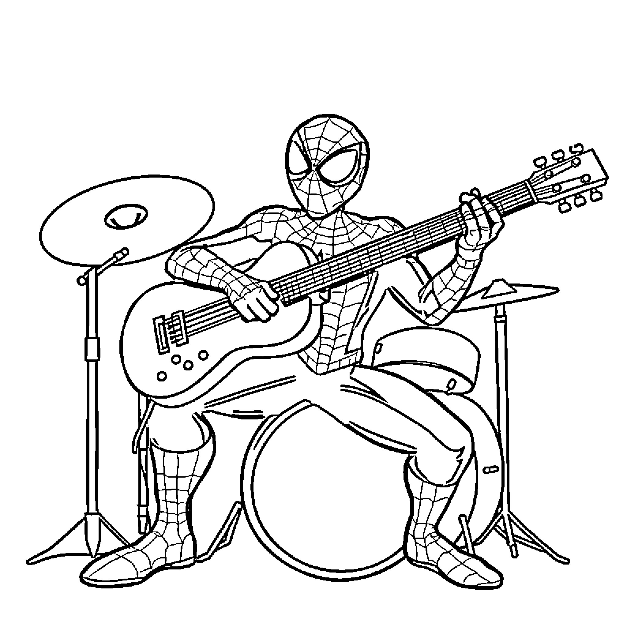 Spiderman playing drums and guitar on stage Coloring Page (free black-and-white line drawing printable PDF for all, from beginners to advanced learners, including children, teens, adults, and seniors)