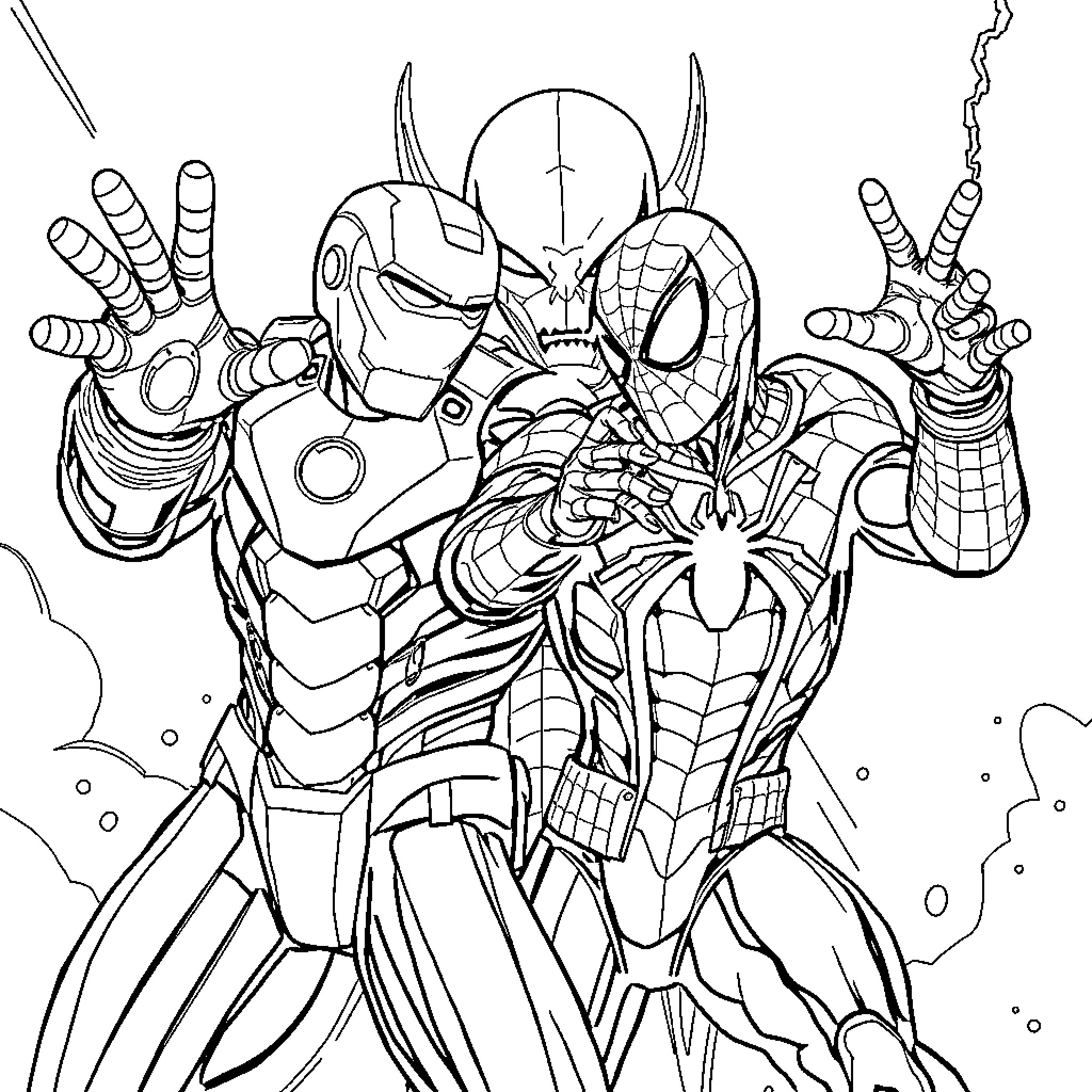 Ironman and Spiderman Teaming Up for Action Coloring Page (free black-and-white line drawing printable PDF for all, from beginners to advanced learners, including children, teens, adults, and seniors)