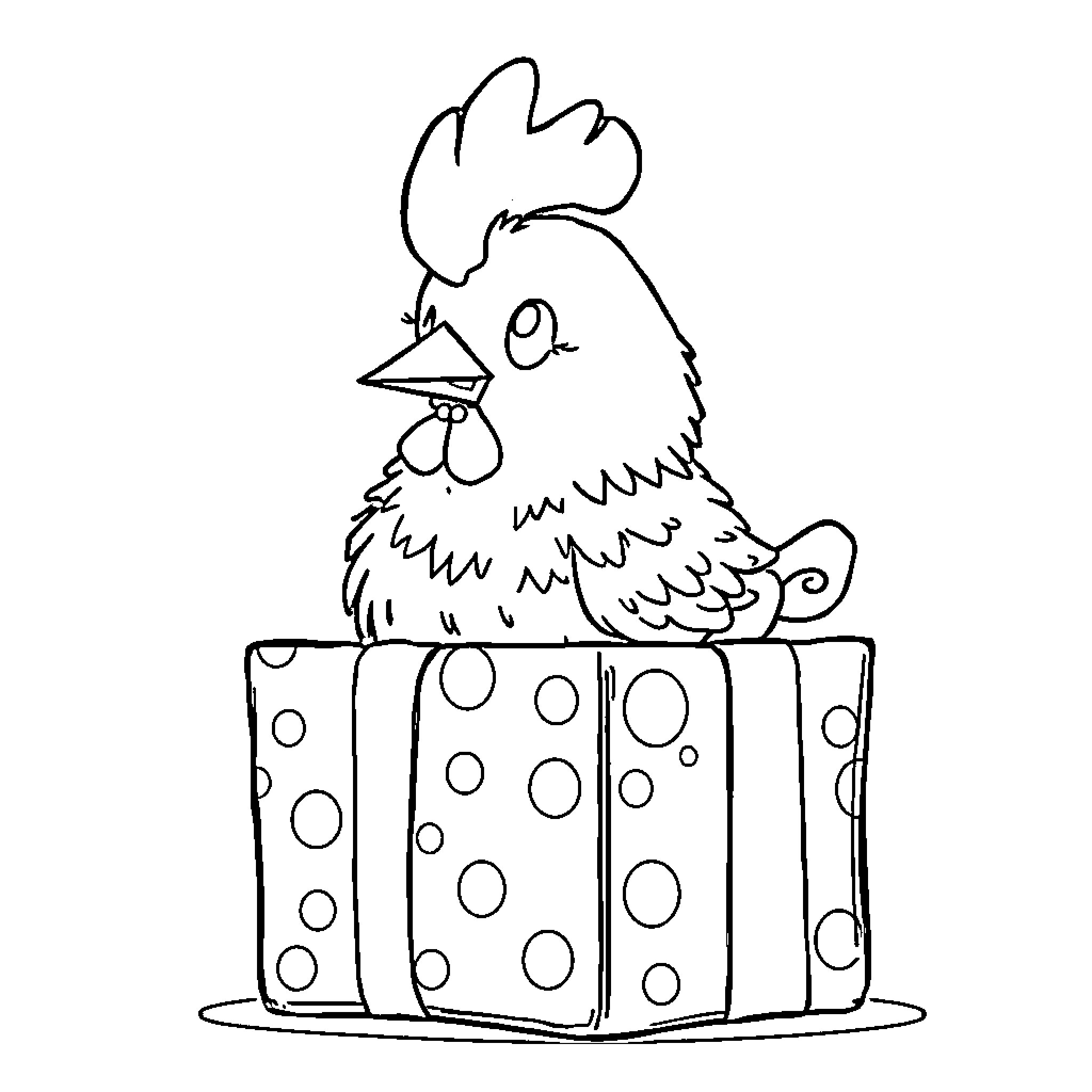 Chicken perched on a spotted cake Coloring Page (free black-and-white line drawing printable PDF for all, from beginners to advanced learners, including children, teens, adults, and seniors)