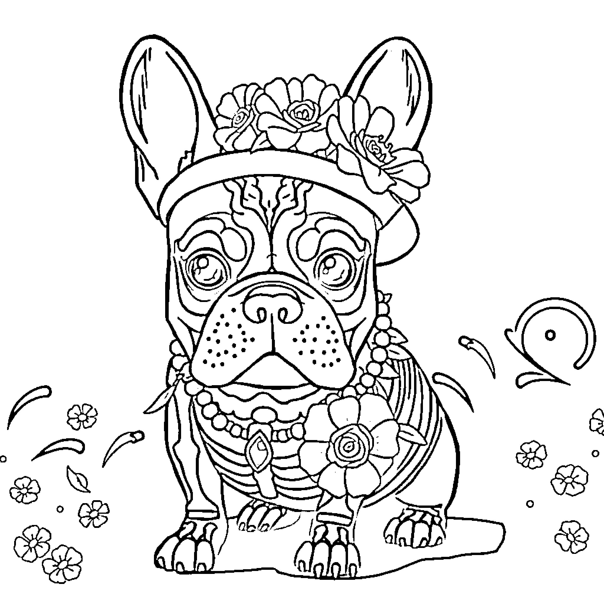 Bulldog with floral crown and decorative patterns Coloring Page (free black-and-white line drawing printable PDF for all, from beginners to advanced learners, including children, teens, adults, and seniors)