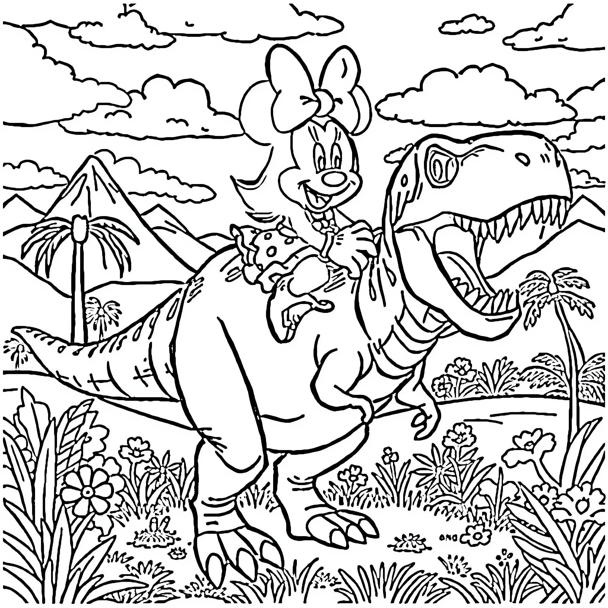 Minnie's Prehistoric Adventure Coloring Page (free black-and-white line drawing printable PDF for all, from beginners to advanced learners, including children, teens, adults, and seniors)