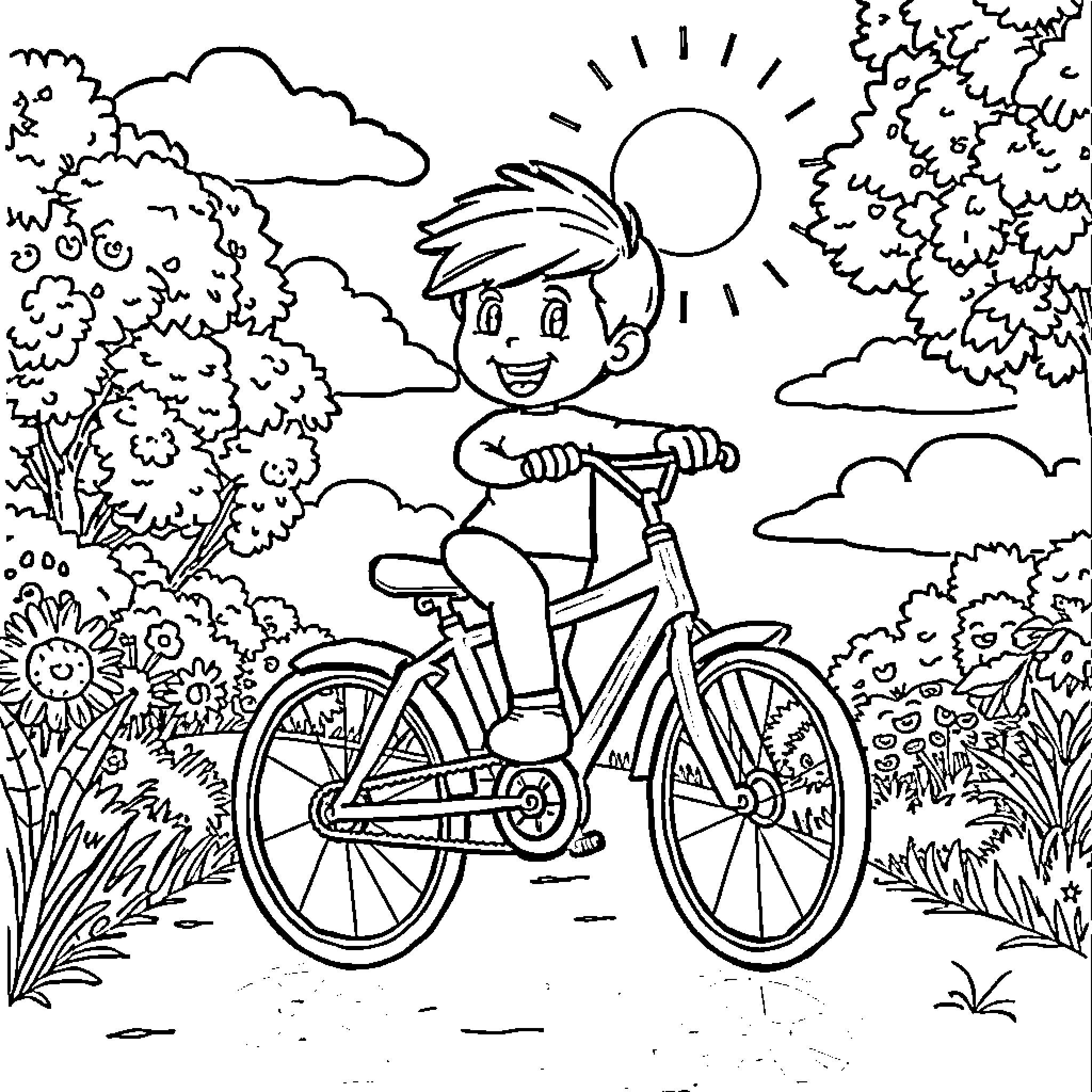 Dito's Joyful Bicycle Ride through the Serene Landscape Coloring Page (free black-and-white line drawing printable PDF for all, from beginners to advanced learners, including children, teens, adults, and seniors)